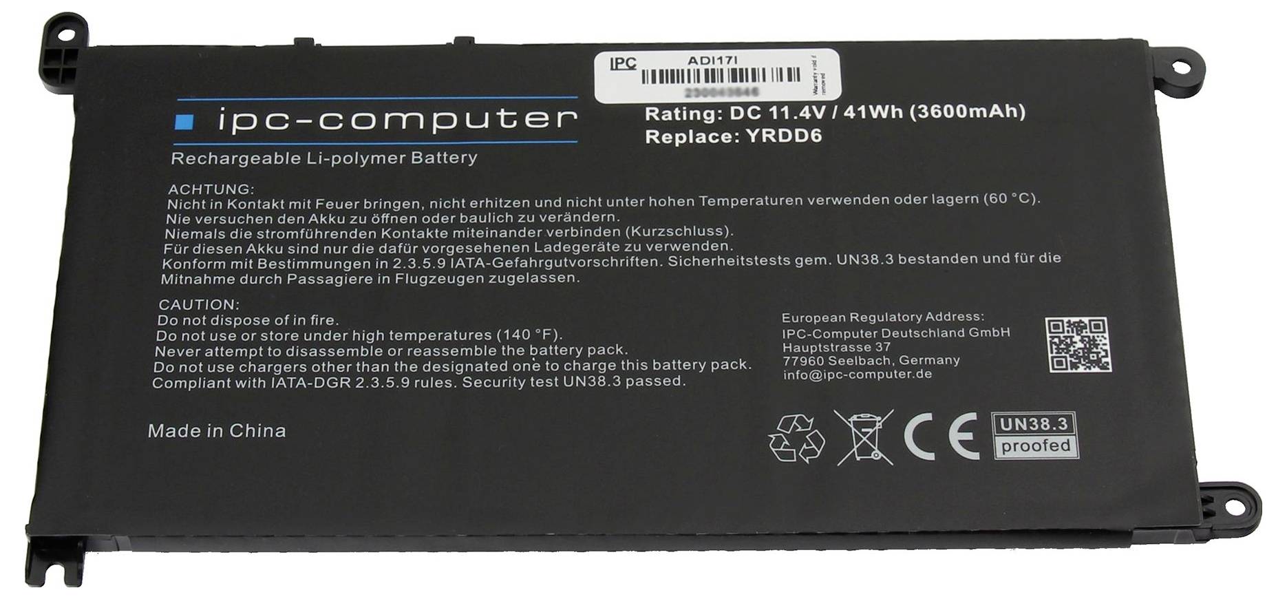 Ipc-computer Notebook-Akku Akku YRDD6 REPLACE 11.40V 3600 mAh