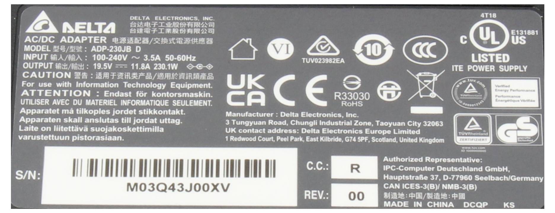 Delta Electronics Netzteil ADP-230JB DA Notebook-Netzteil 230W 19V 11A