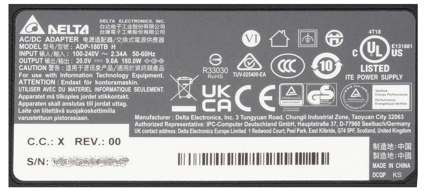 Delta Electronics Netzteil ADP-180TB HX Notebook-Netzteil 180W 20V 9A