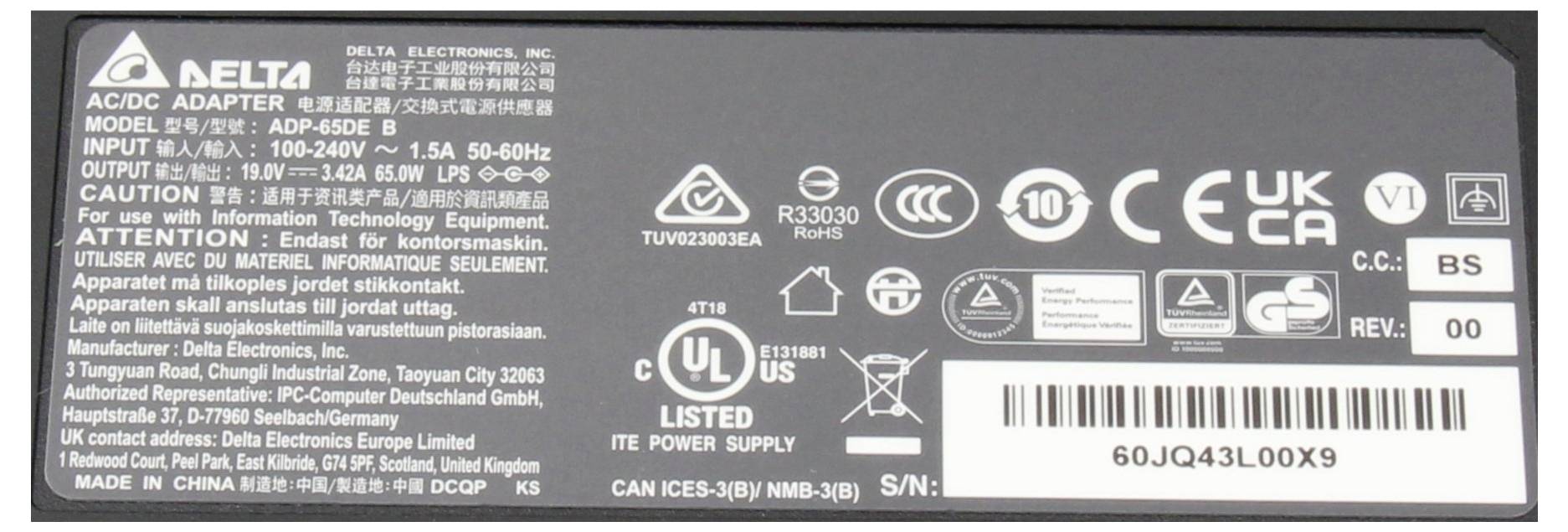 Delta Electronics Netzteil ADP-65DE B Notebook-Netzteil 65W 19V 3A