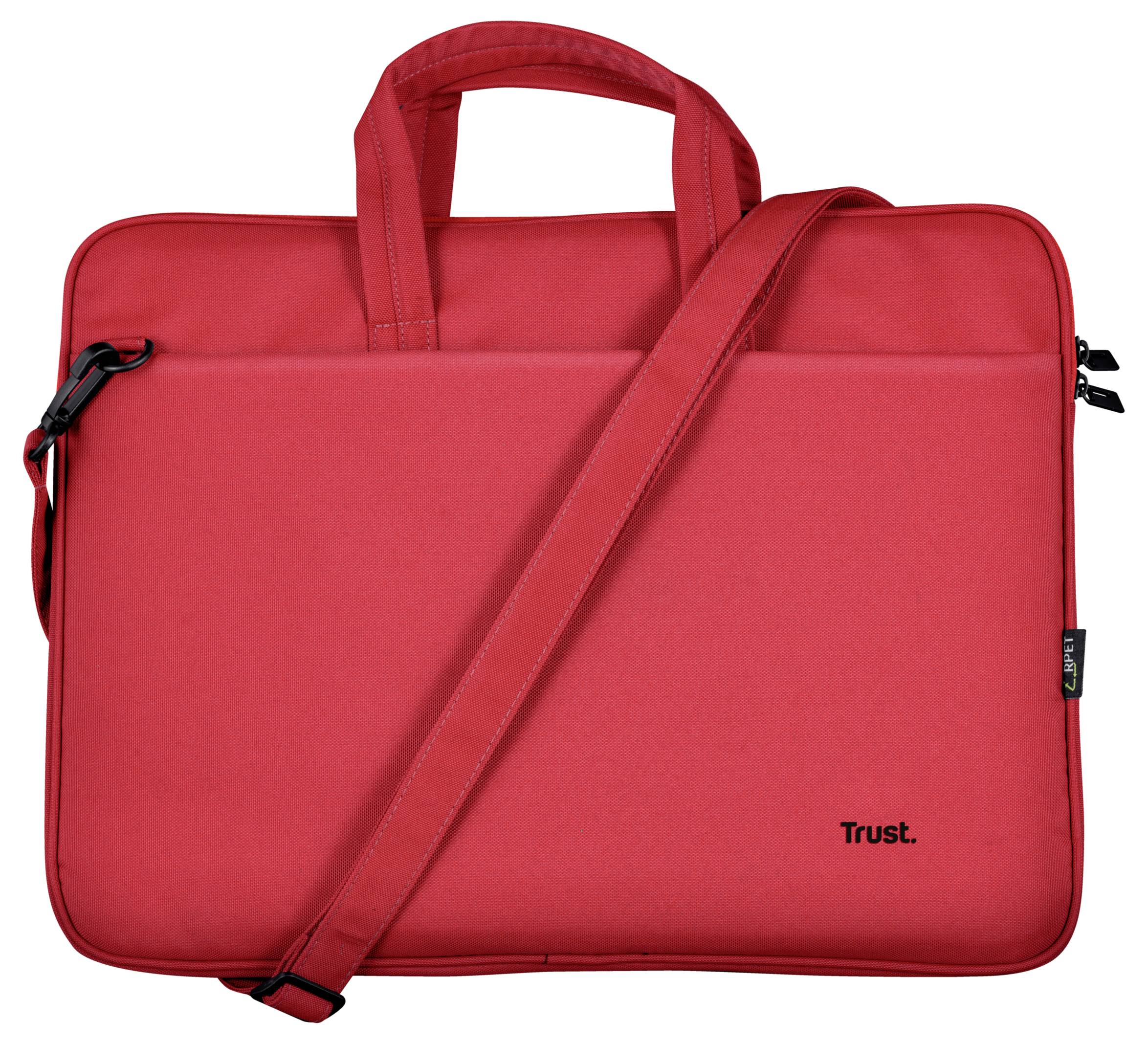 Rote Laptoptasche mit Tragegriff und Schultergurt, Marke 'Trust'.