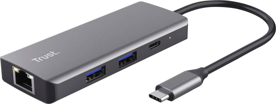 Externer Adapter mit Ethernet-Anschluss, zwei USB-3.0-Ports und einem USB-C-Anschluss.
