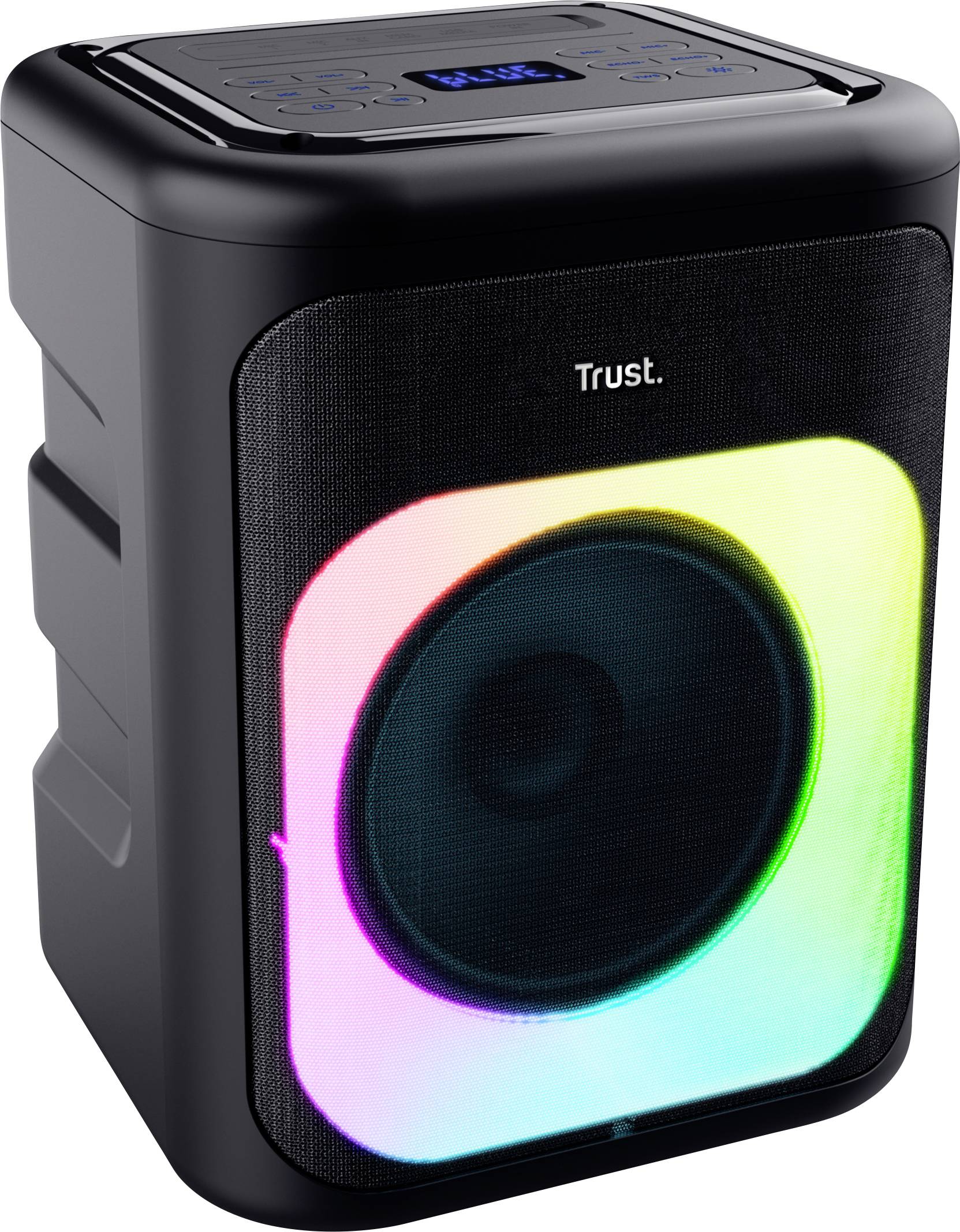 Ein schwarzer Lautsprecher mit buntem LED-Licht, das in einem Regenbogenfarbenmuster leuchtet. Der Schriftzug 'Trust' ist sichtbar.