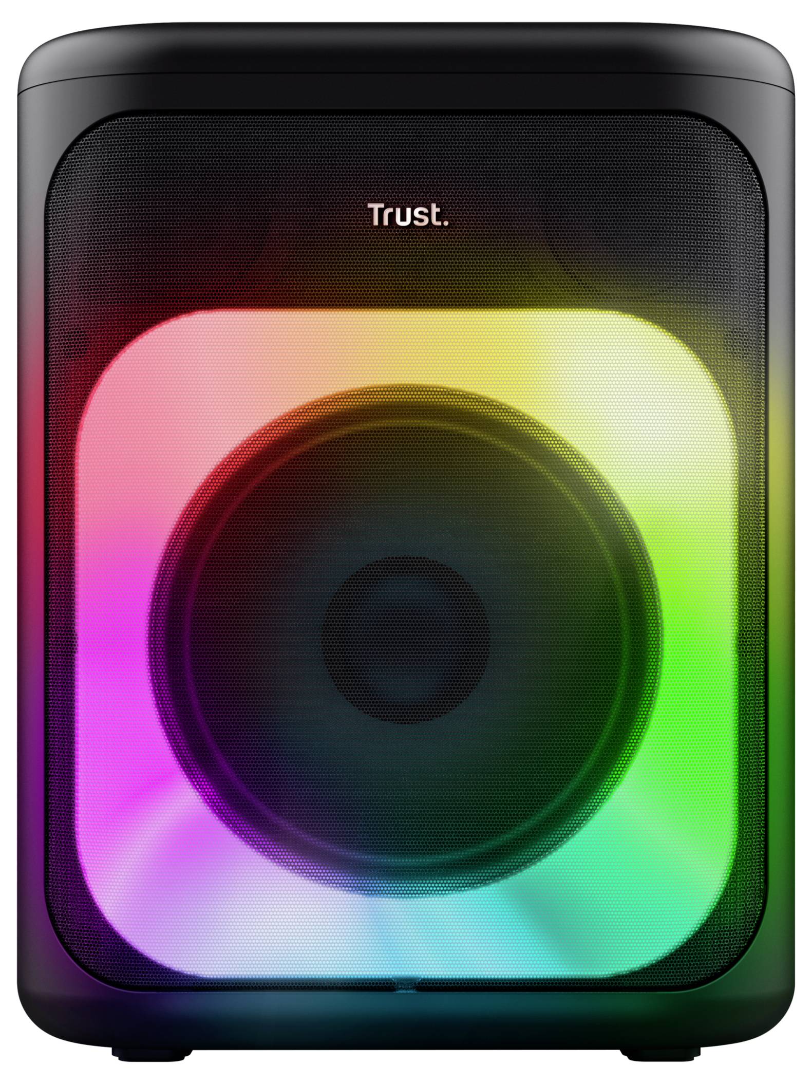 Schwarzer Lautsprecher mit leuchtenden, bunten LEDs, die einen Regenbogeneffekt erzeugen. Markierungsaufdruck 'Trust' oben sichtbar.