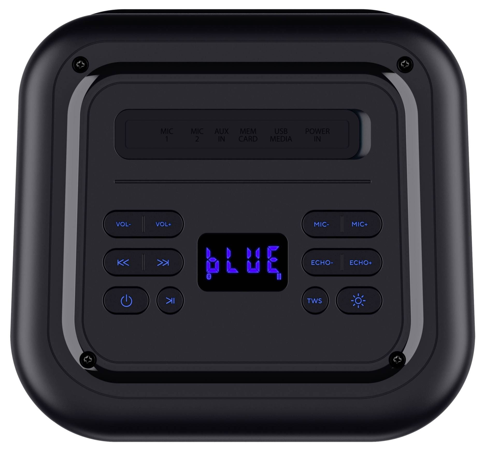 Schwarze Lautsprechersteuerung mit Tasten für Lautstärke, Titelwechsel und Modus. Display zeigt 'BLUE' für Bluetooth-Modus.