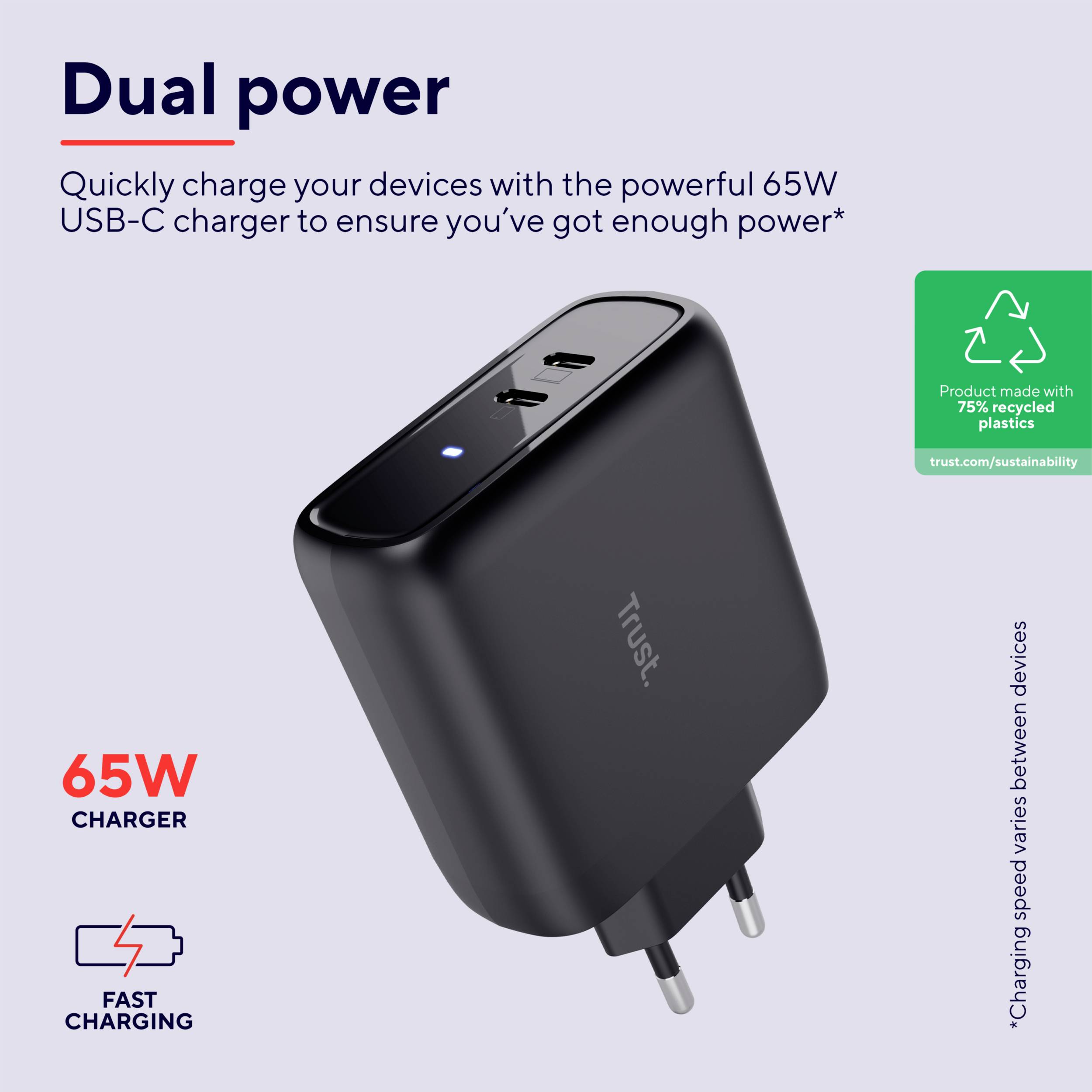 Trust MAXO 65W 2P USB-C CHARGER BLK Ladeadapter 65W 2x USB-C® Schwarz Innenbereich