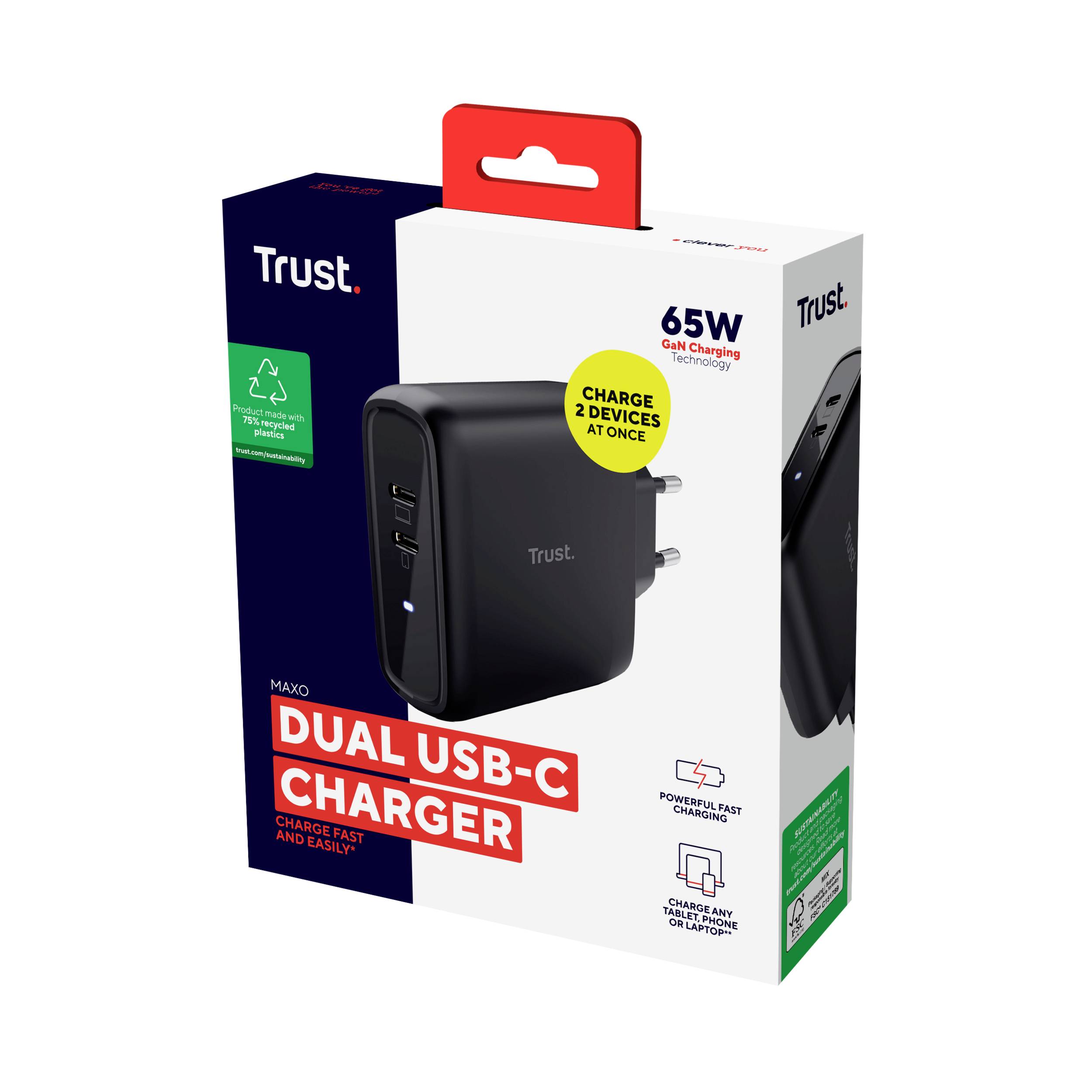 Trust MAXO 65W 2P USB-C CHARGER BLK Ladeadapter 65 W 2x USB-C® Schwarz Innenbereich