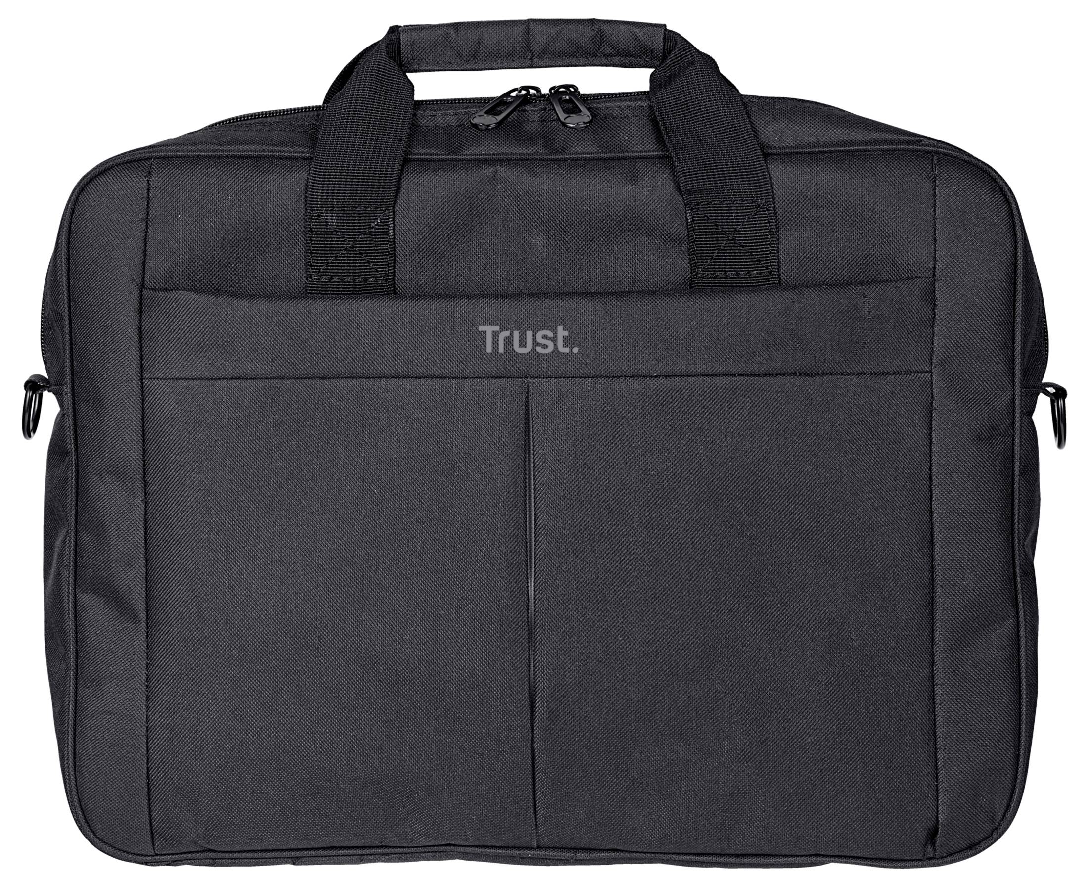 Schwarze Laptop-Tasche mit zwei Tragegriffen und 'Trust.'-Schriftzug auf der Vorderseite. Ideal zum Schutz und Transport von Laptops.