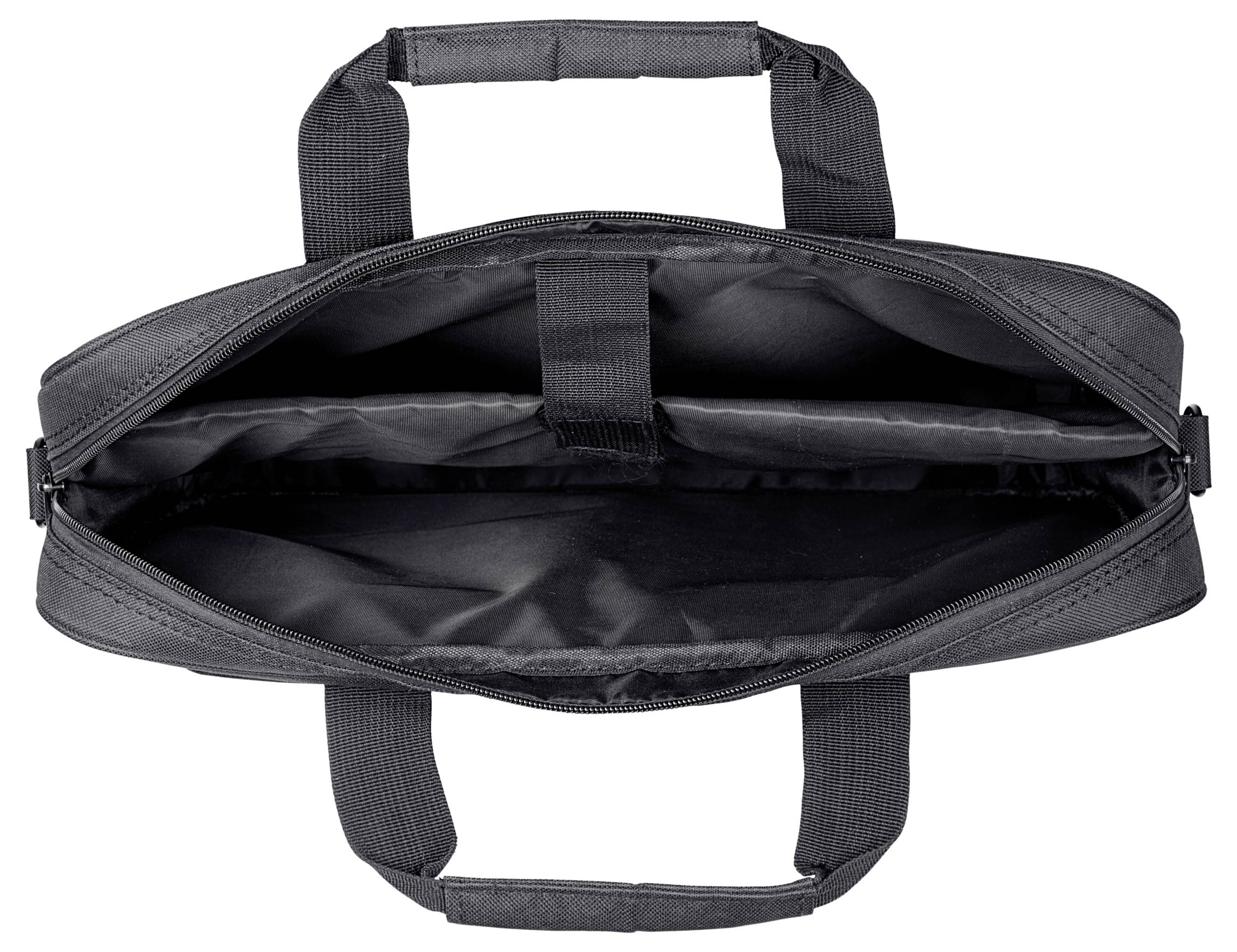 Schwarze, geöffnete Laptoptasche von oben fotografiert; zeigt zwei Fächer und Tragegriffe.
