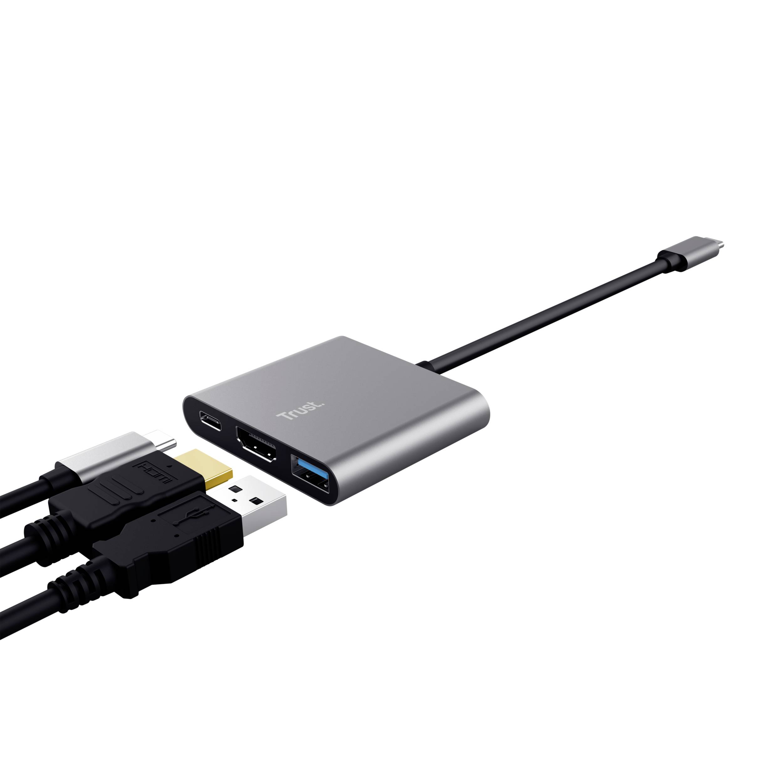 Ein USB-C-Hub mit Anschlüssen für HDMI, USB-A und USB-C. Ein HDMI- und ein USB-Kabel sind eingesteckt.