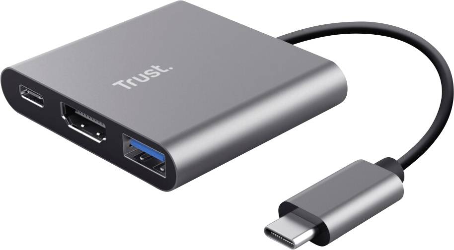 'Trust' USB-C Hub mit Anschlüssen für HDMI, USB-A und USB-C. Silbernes, rechteckiges Design mit kurzem, festem Verbindungskabel.