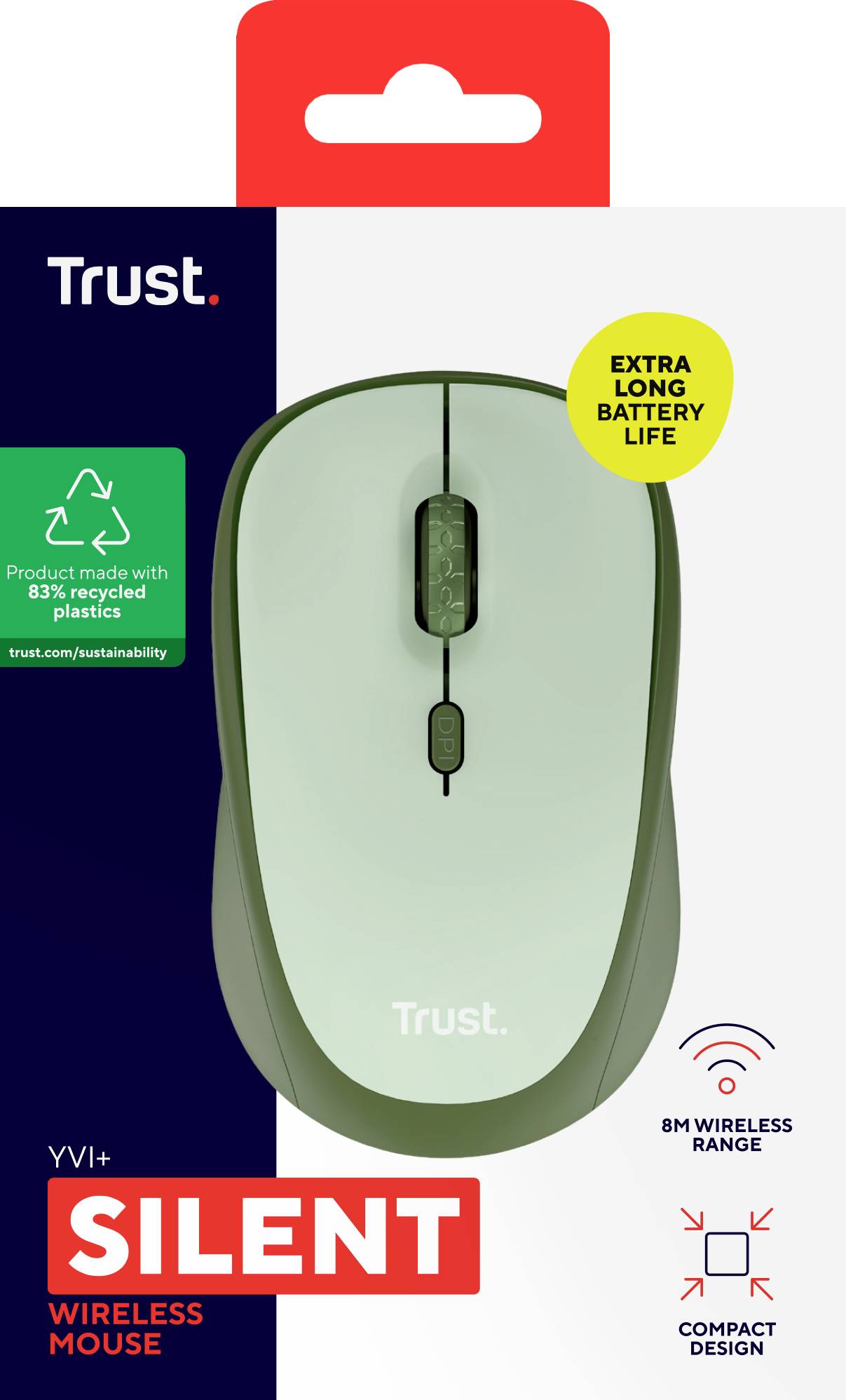 Drahtlose Maus von Trust in grün mit ergonomischem Design. Features: extra lange Batterielebensdauer, kompakt, 8m Funkreichweite.