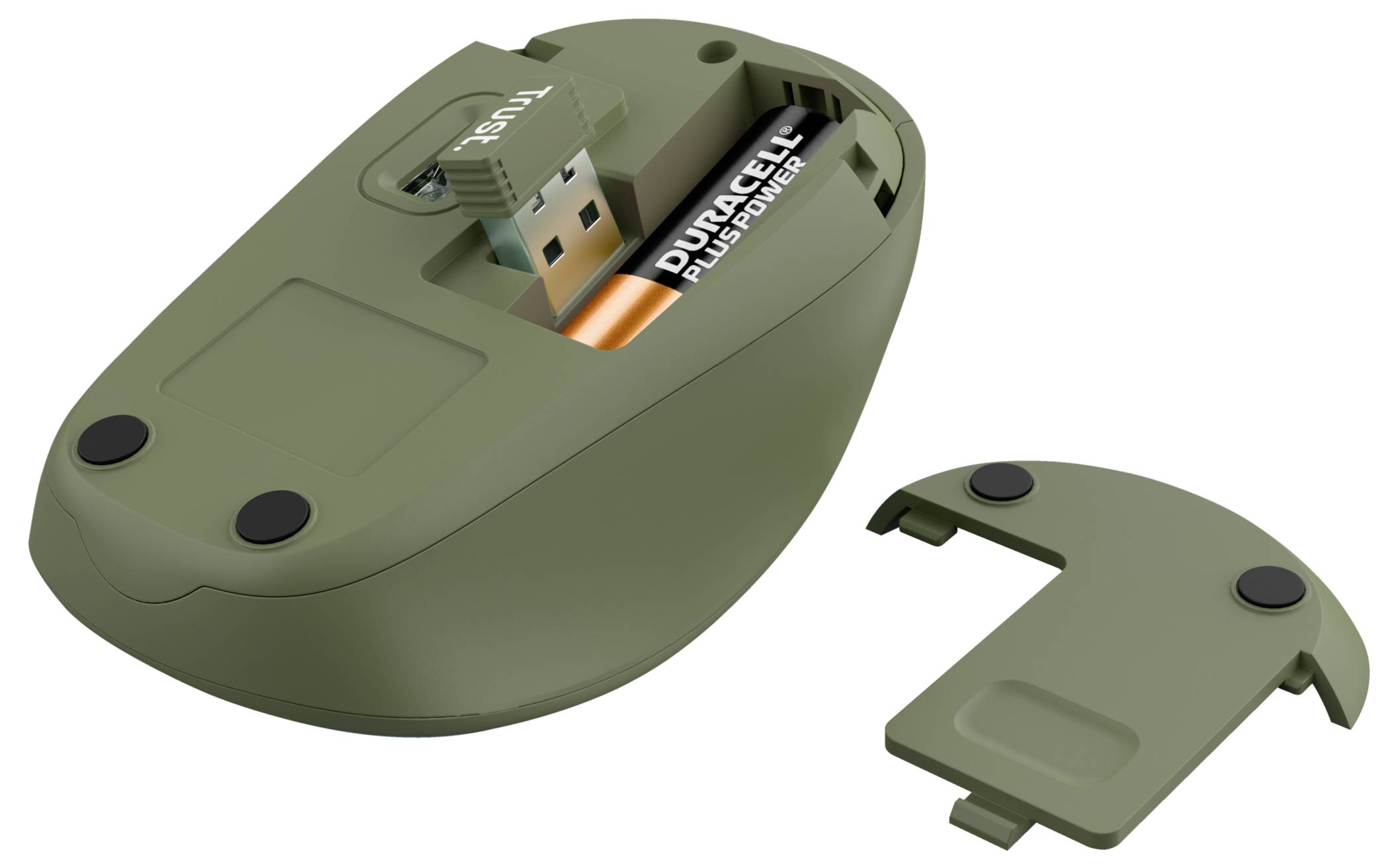 Eine geöffnete Funkmaus mit abgenommenem Batteriefachdeckel, zeigt einen installierten Akku und einen USB-Empfänger im Inneren.