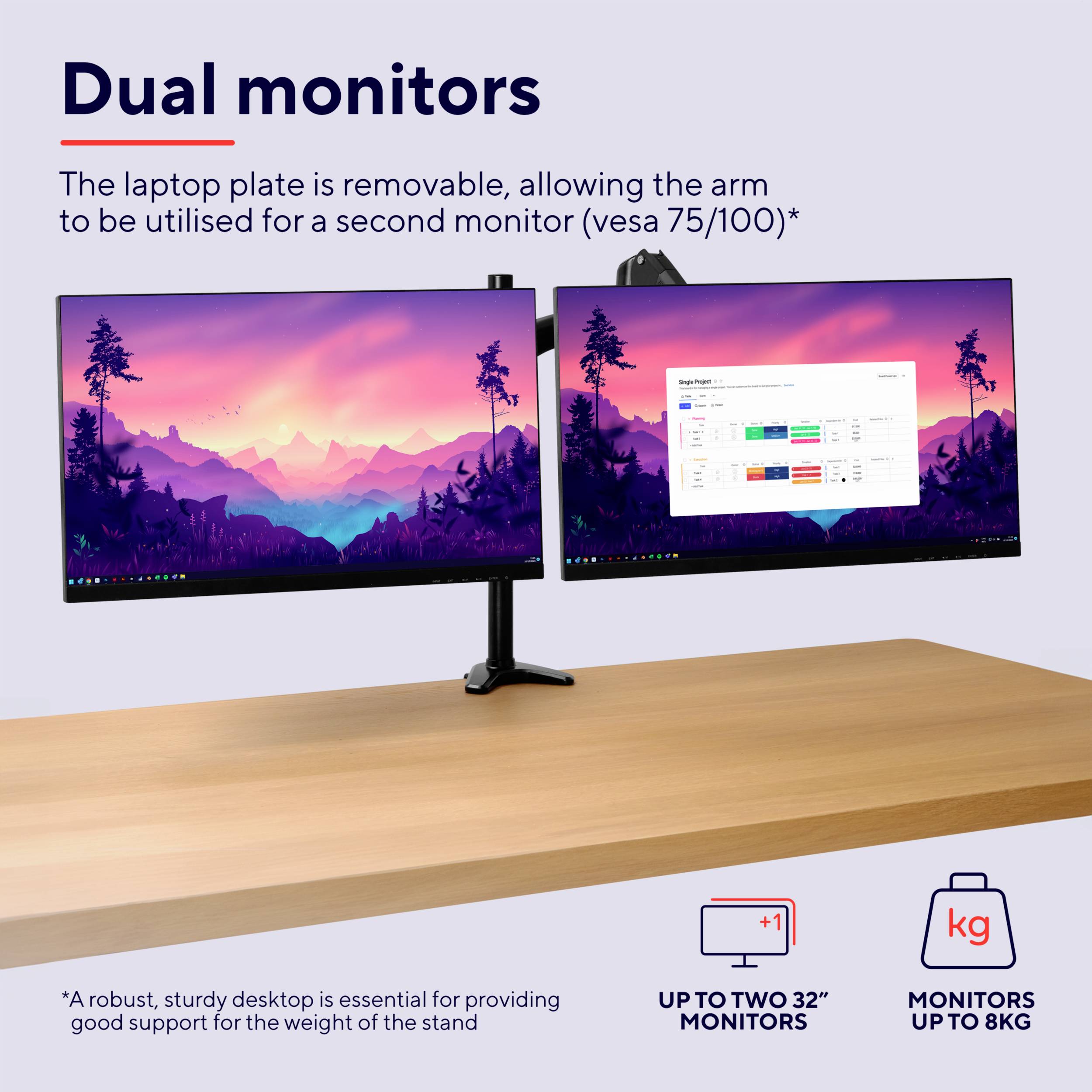 Zwei Monitore auf einem Tisch, an einer Halterung befestigt. Der linke Bildschirm zeigt eine Landschaft, der rechte eine Tabelle.