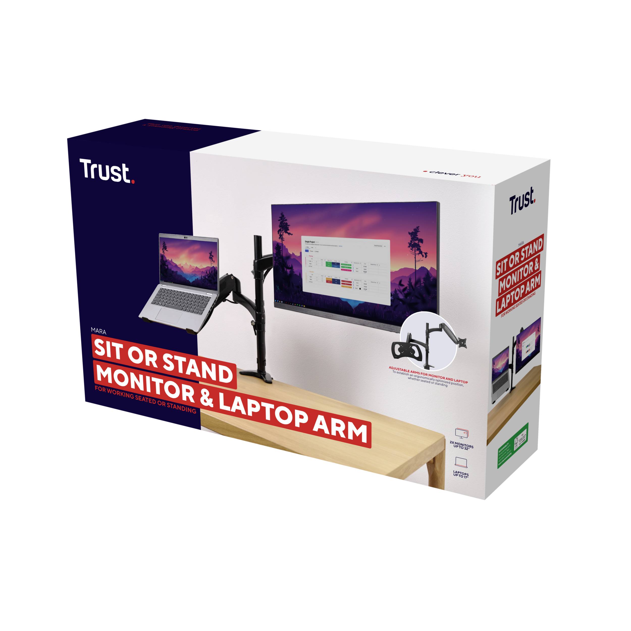 'Trust Halox' Monitor- und Laptop-Arm Verpackung mit Abbildung des Produkts auf einem Schreibtisch, geeignet für sitzende oder stehende Arbeitspositionen.