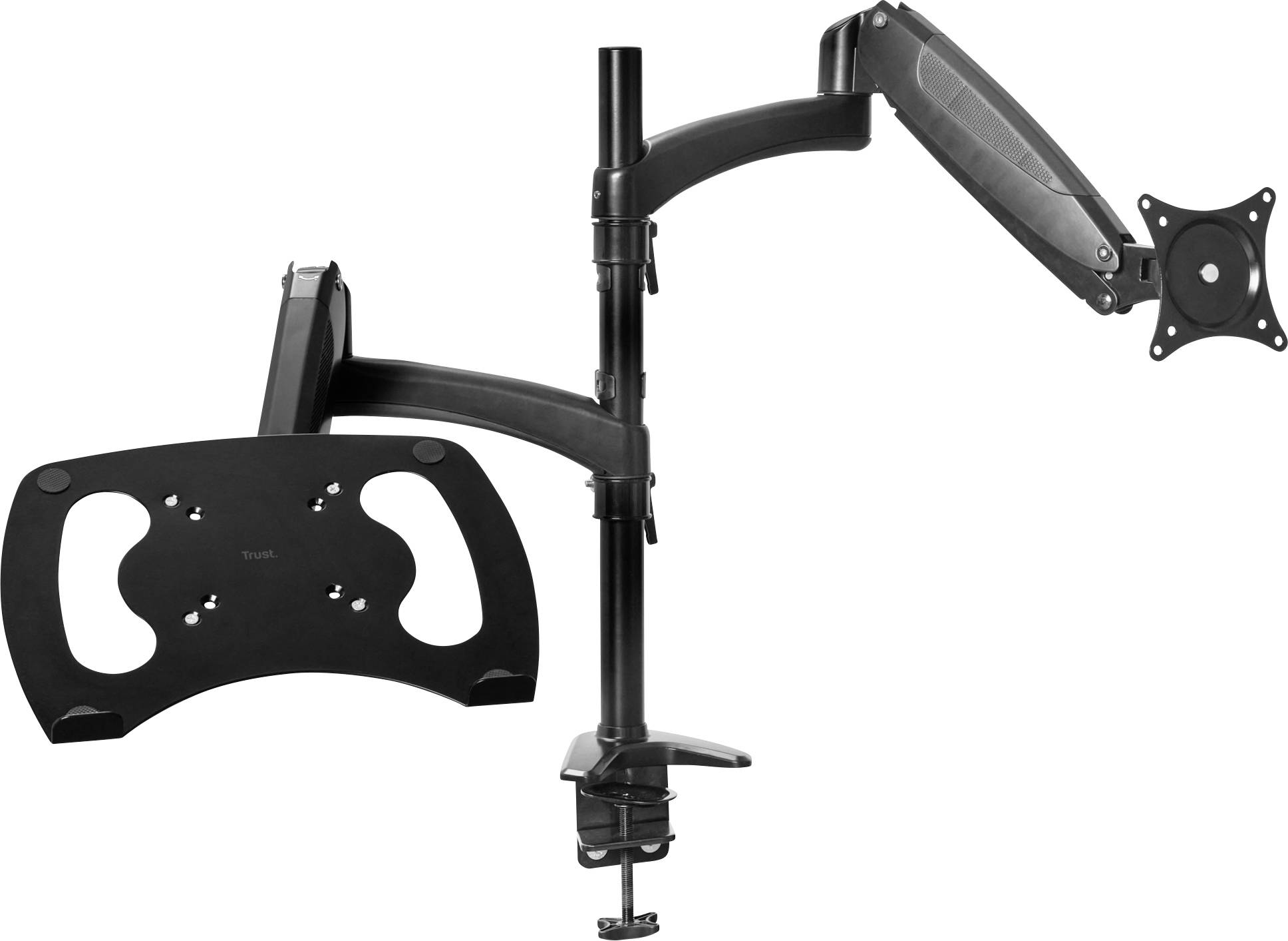 Ein verstellbarer Monitorarm in Schwarz, montiert auf einem Schreibtisch, bietet flexible Positionierung für Monitore.