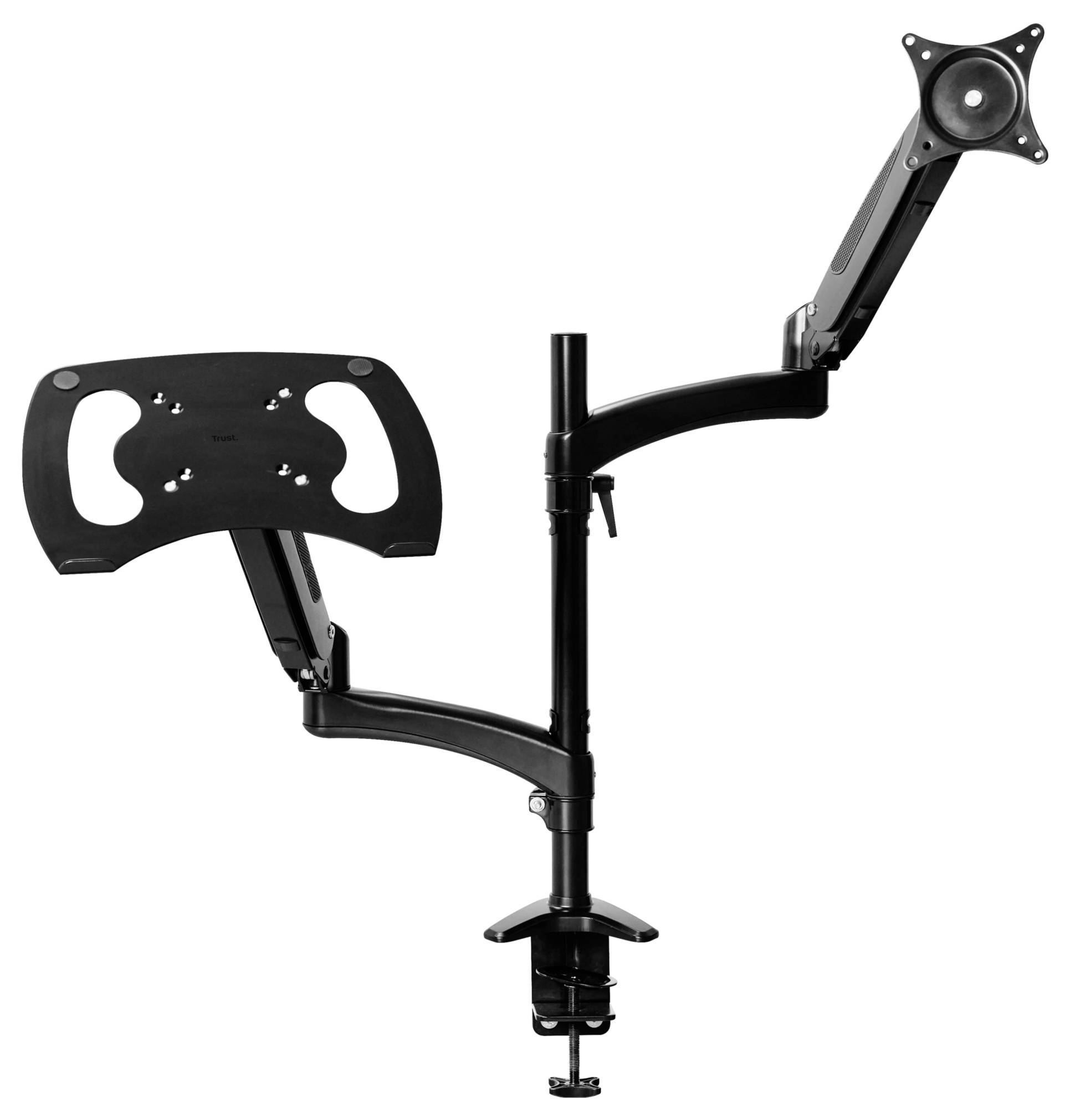 Ein schwarzer doppelter Monitorarm mit Tischklemme zur Befestigung und flexiblen Gelenken für individuelle Höhen- und Ausrichtungsanpassung.