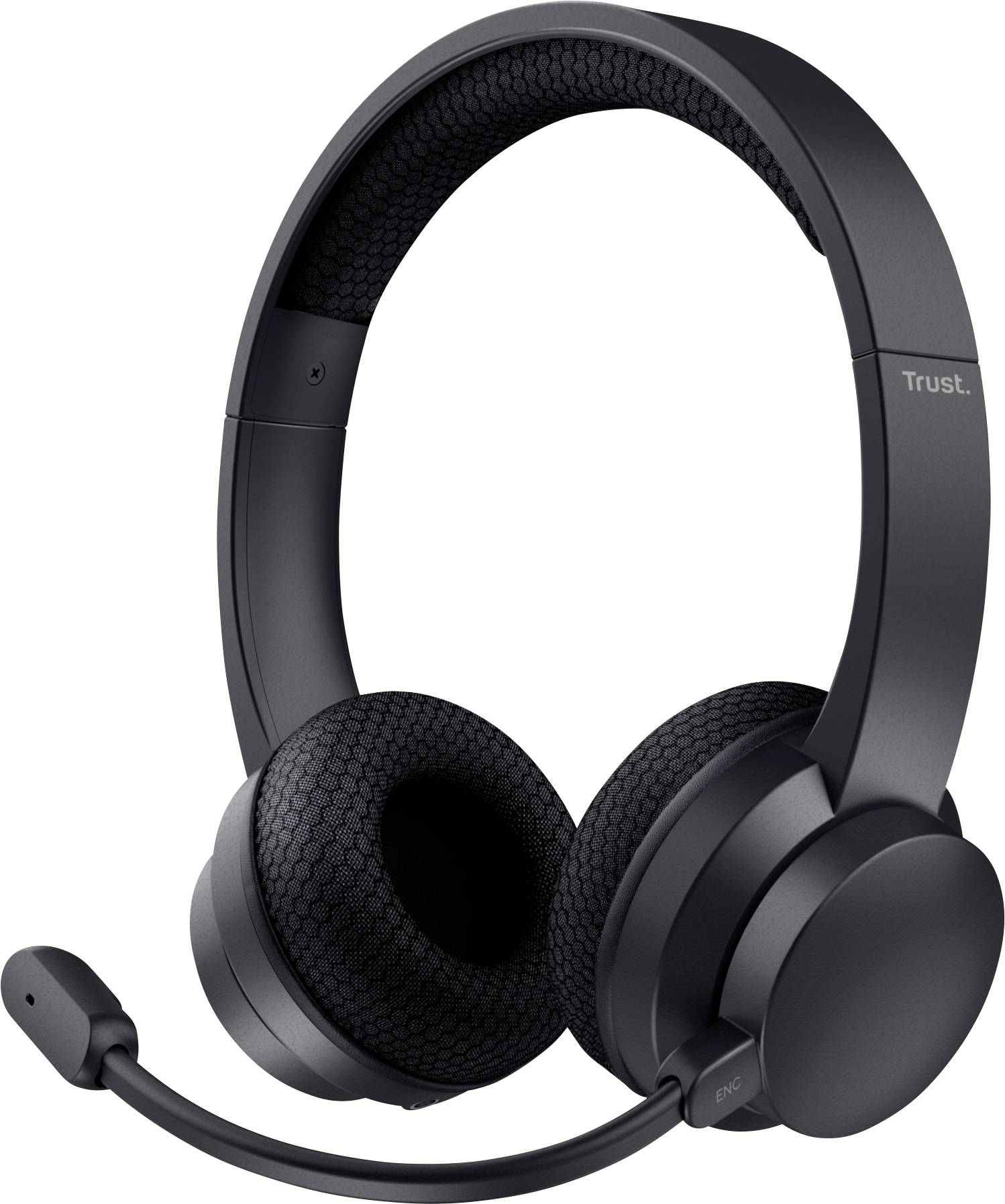 Ein schwarzes Headset mit gepolsterten Ohrmuscheln und einem verstellbaren Mikrofonarm.