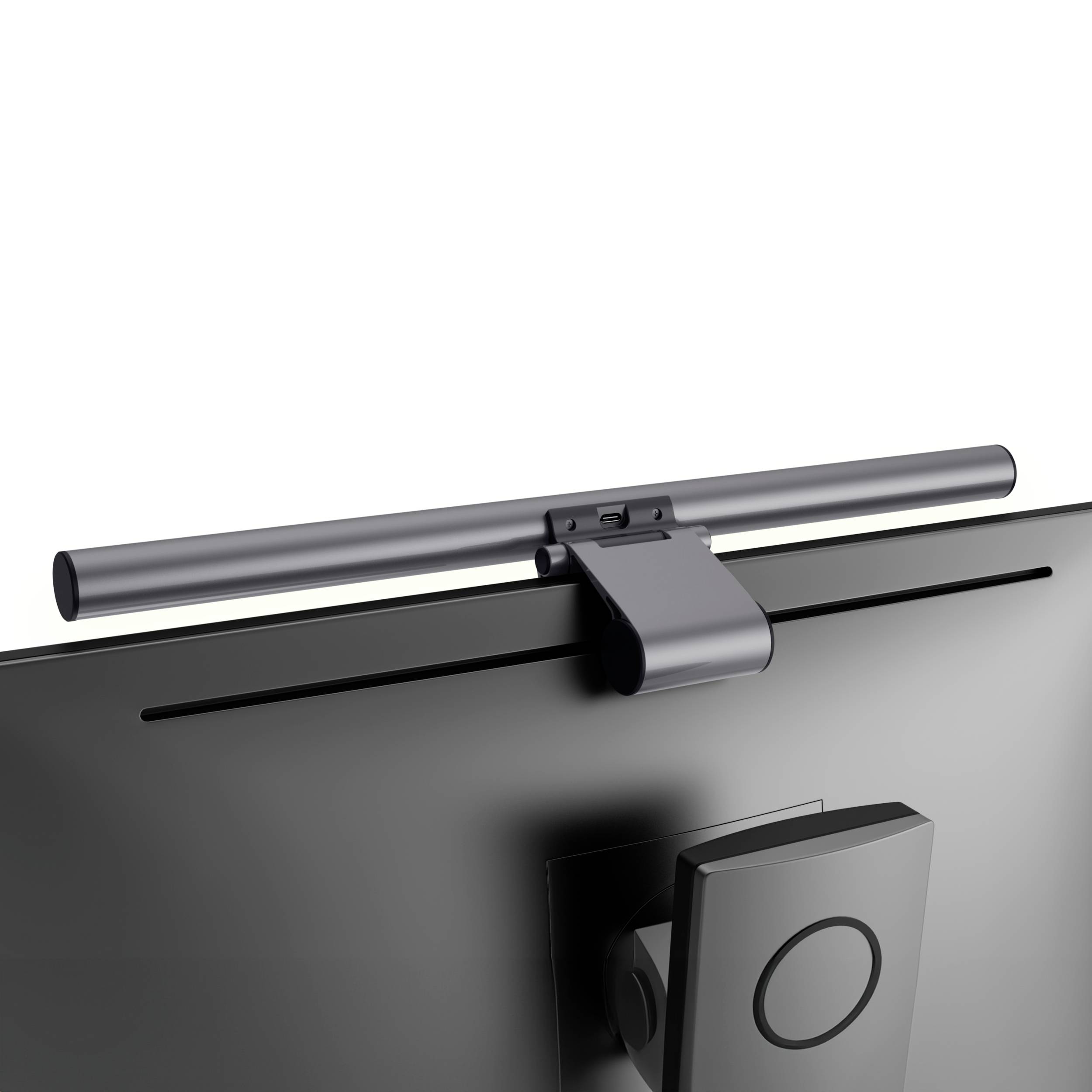 Eine schlanke Monitorlampe ist oben auf einem Computerbildschirm montiert und beleuchtet den Arbeitsbereich gleichmäßig.