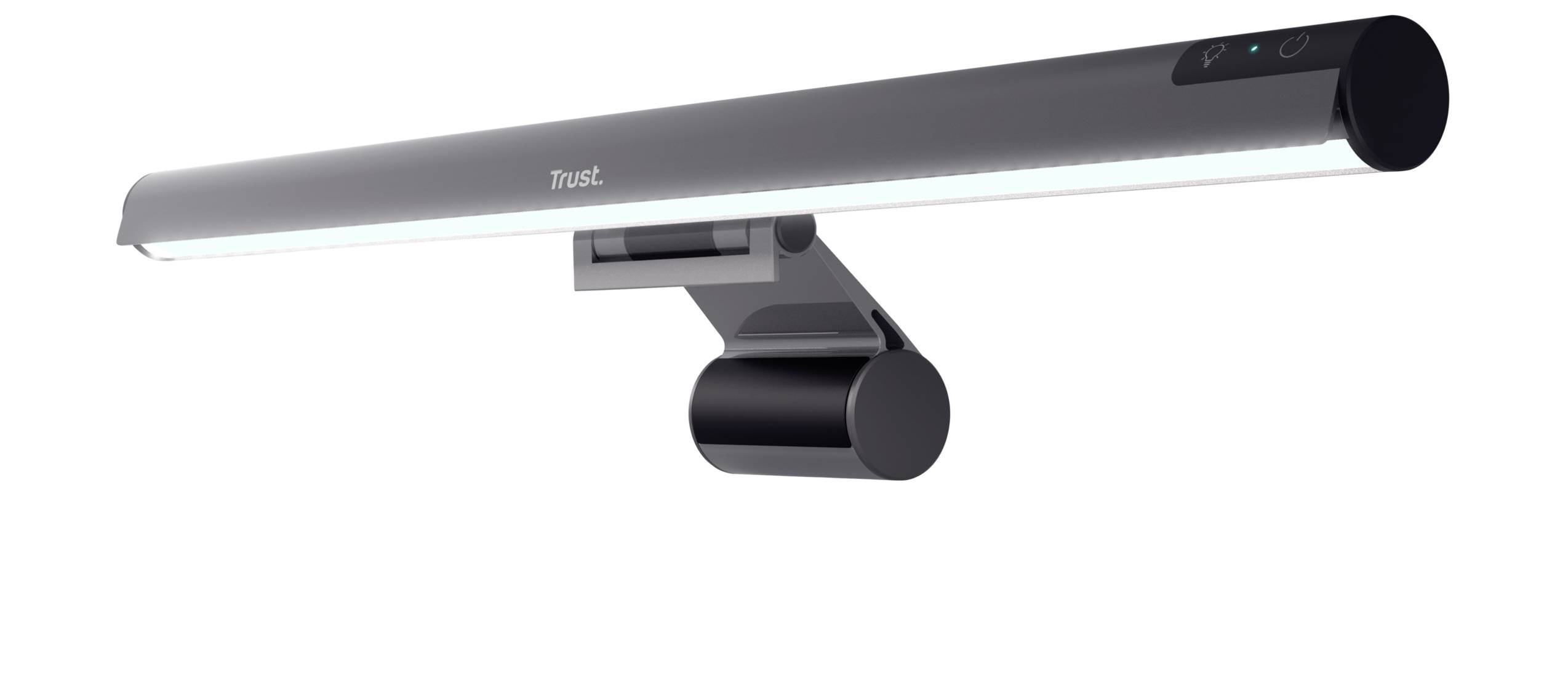 Ein stilvolles, modernes Schreibtischlicht in schwarzem Design, das an einem Monitor montiert werden kann. Es hat ein schlankes, rechteckiges Profil.