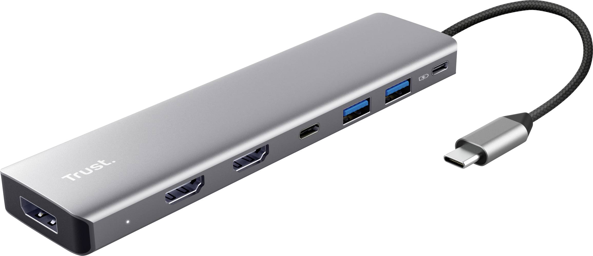 USB-C-Hub mit HDMI, zwei USB-A-Anschlüssen, USB-C-Port und Ethernet. Ideal für Geräteerweiterung und Konnektivität.