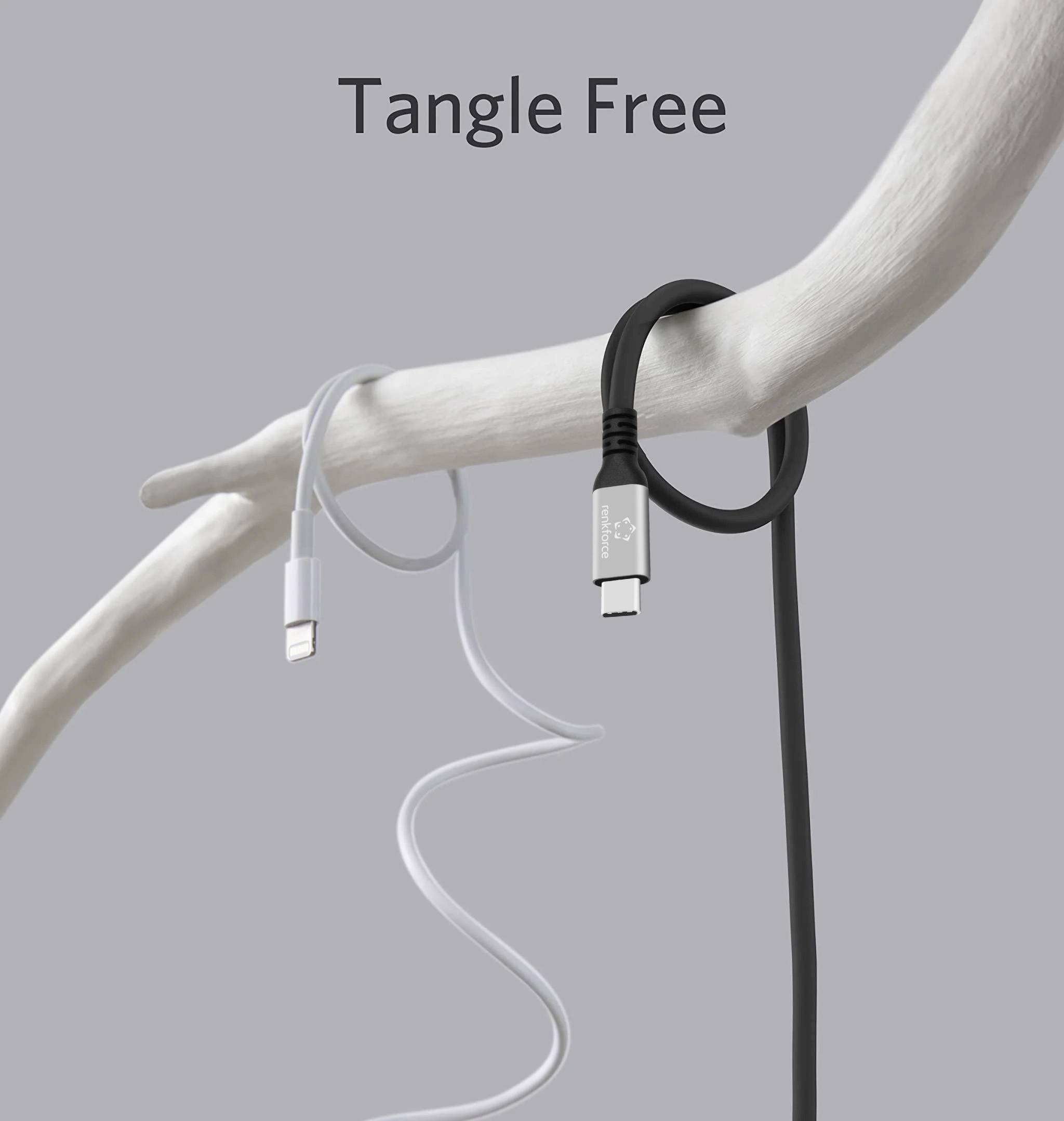 Zwei Kabel hängen ordentlich an einem Ast. Oben steht 'Tangle Free'. Ein Kabel ist weiß, das andere schwarz.
