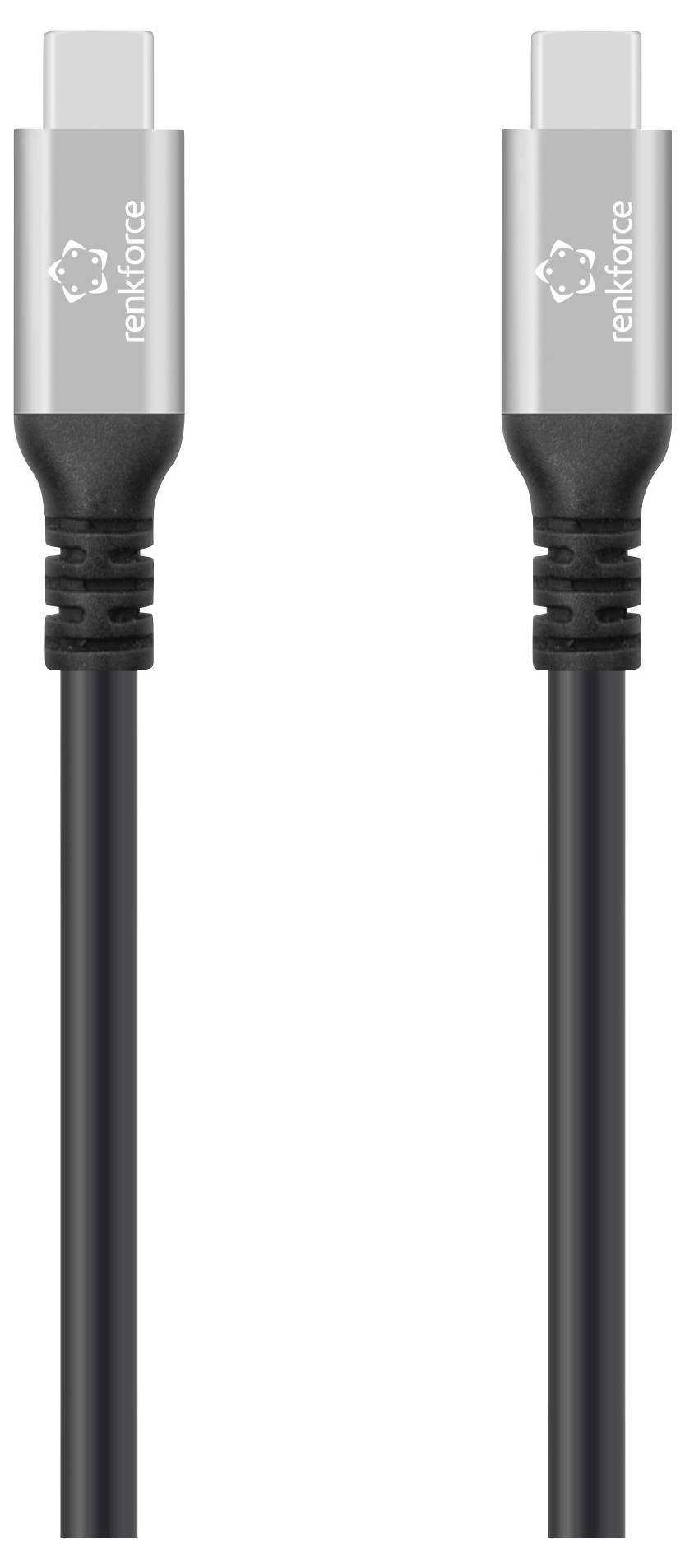 USB-C-Kabel von renkforce mit beidseitigem Steckerdesign und schwarzem Kabel für Datenübertragung und Aufladung.