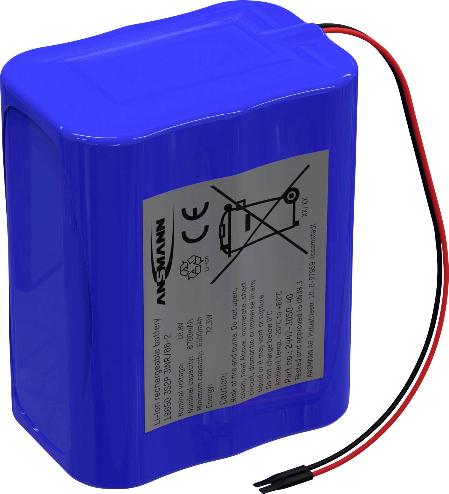 Blauer Batterieblock mit Anschlusskabeln und einem Etikett mit Sicherheitshinweisen und CE-Kennzeichnung.