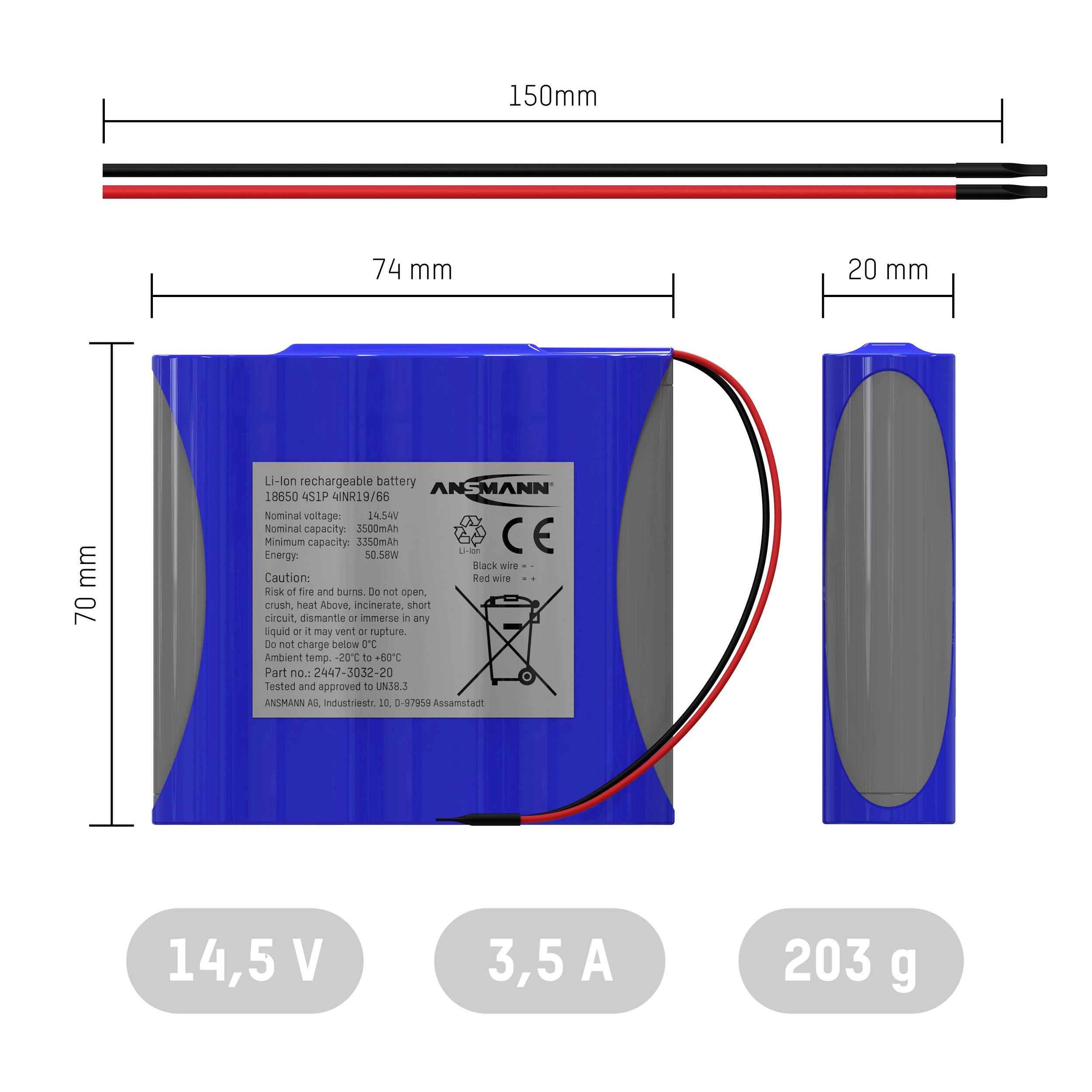 Bild zeigt technische Spezifikationen eines blauen Li-Ionen-Akkus: 14,5 V, 3,5 A, 203 g. Maße: 150x74x20 mm. Kabel sichtbar.