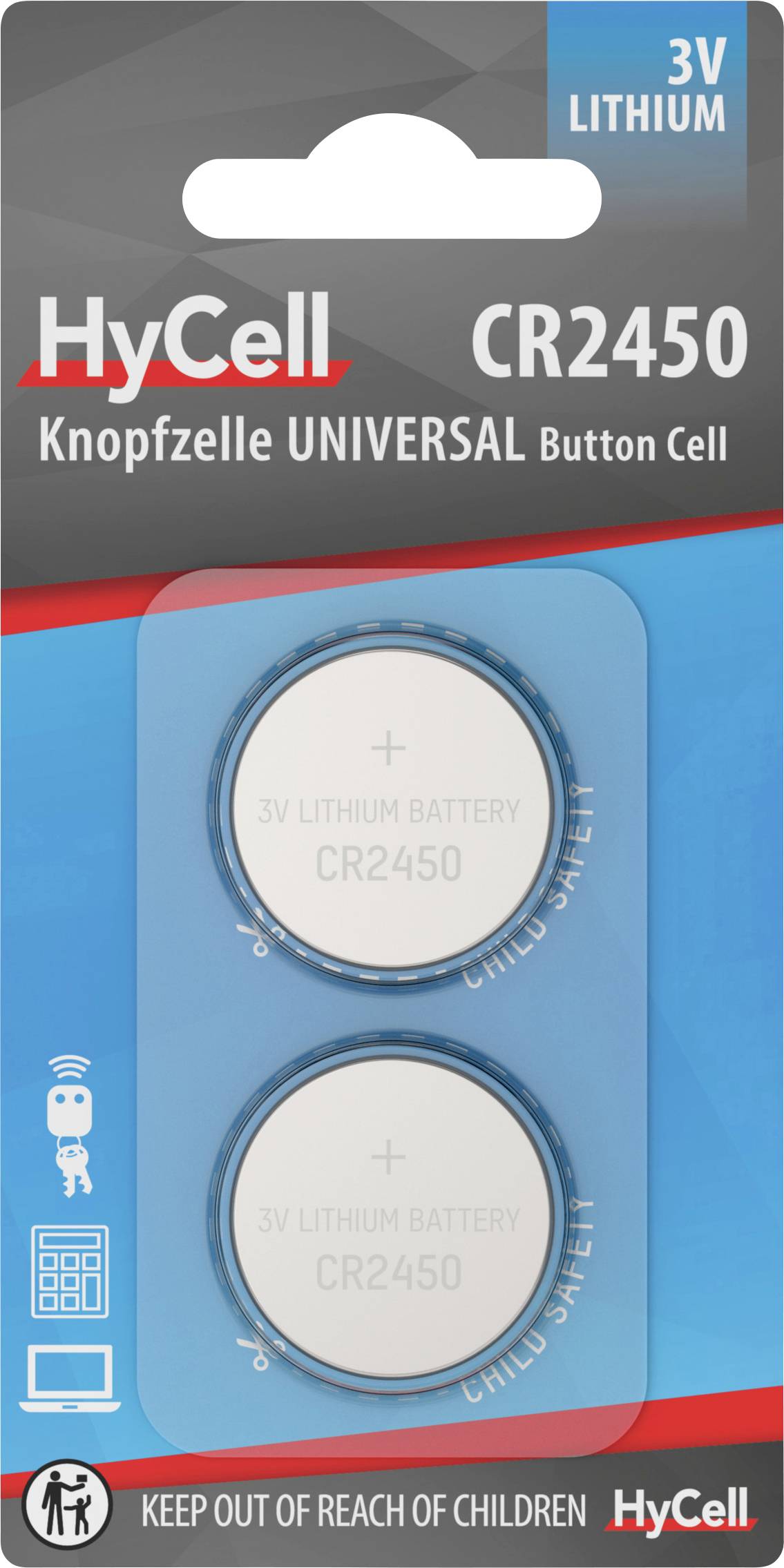 'HyCell CR2450' Knopfzellenverpackung mit zwei 3V Lithium-Batterien. Hinweis 'Von Kindern fernhalten'. Schachtel in Blau und Rot.