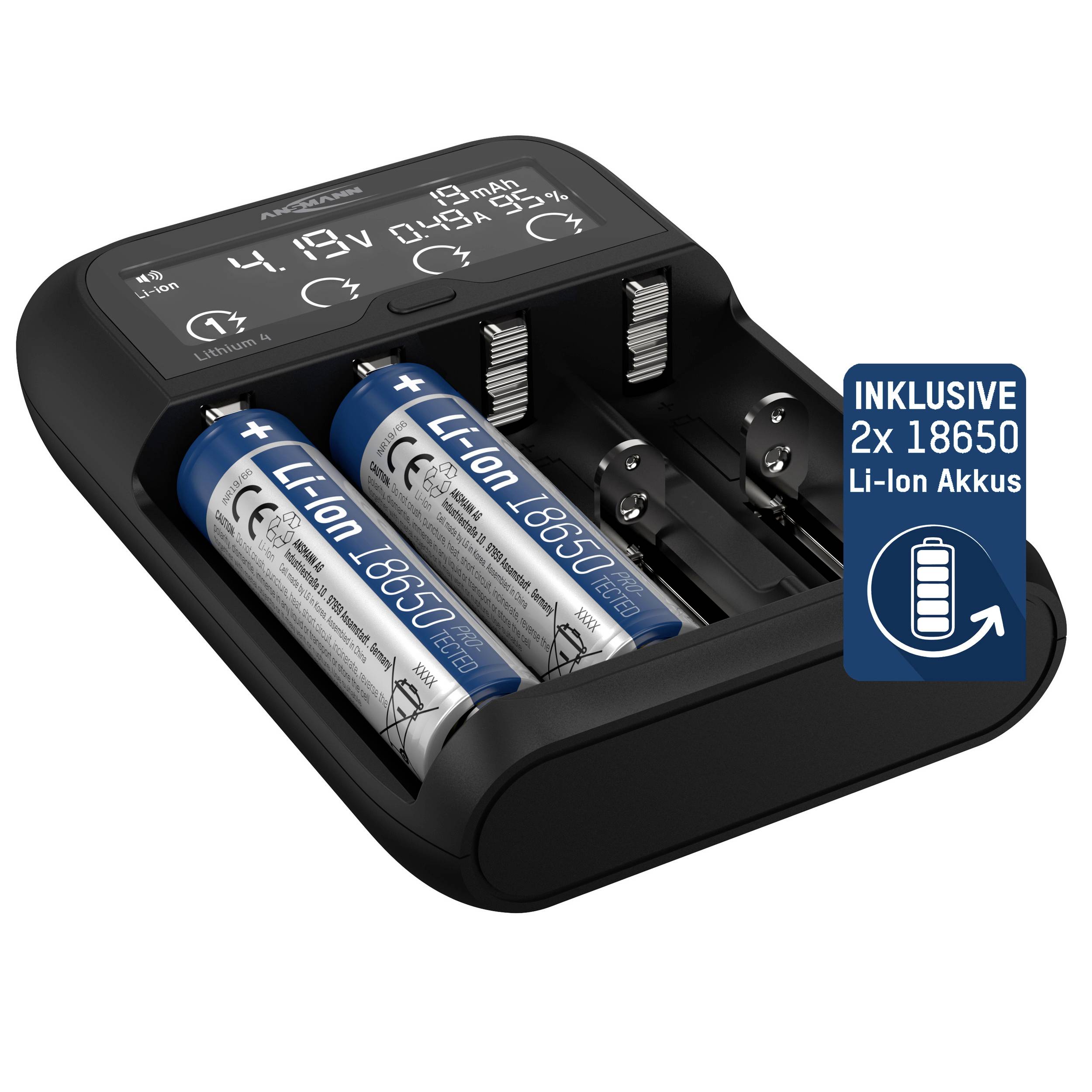 Ansmann Lithium 4 Universalladegerät mit 2x 18650 Akkuzellen (2600mAh) Ladegerät LiIon, LiFePO4, NiMH 18500, 18650, 14500, 16340