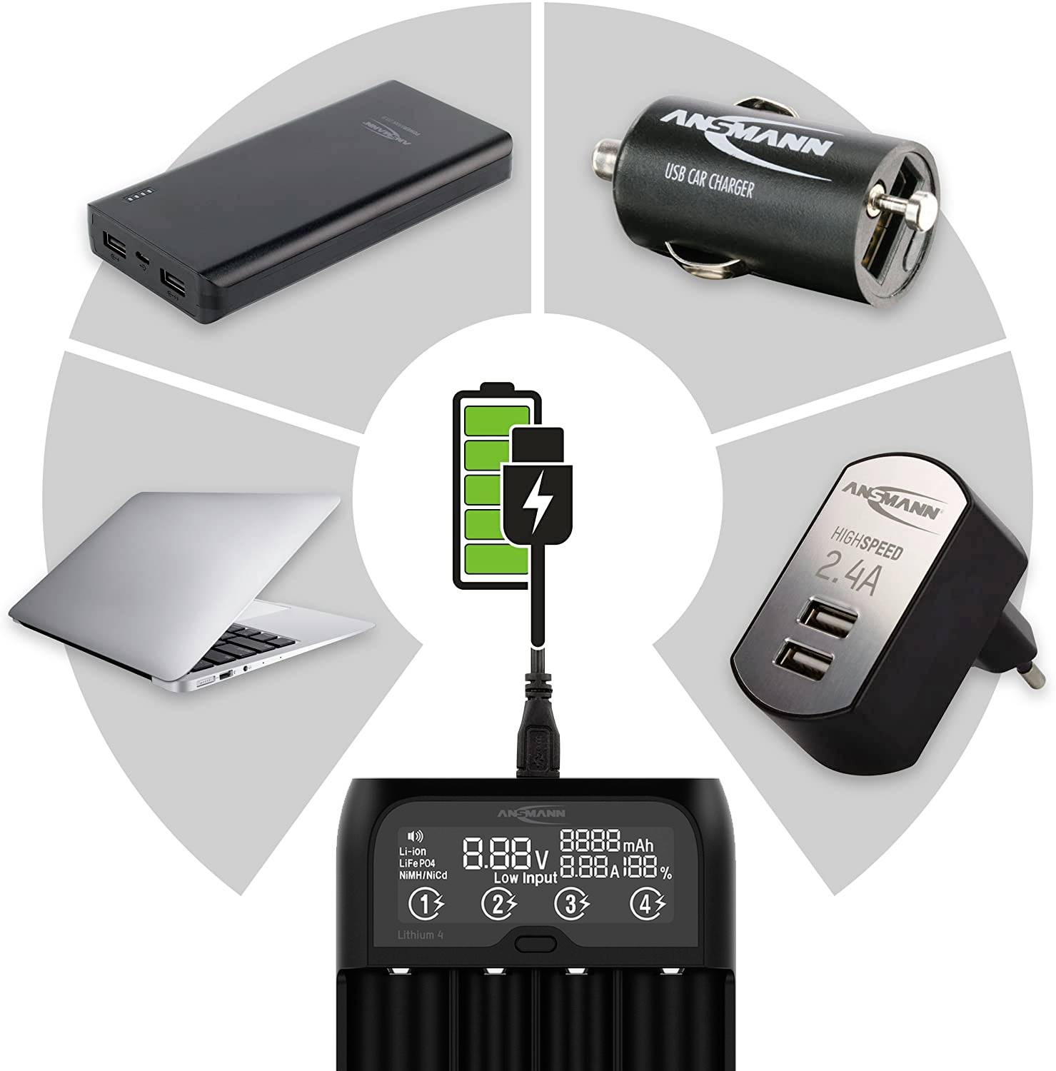 Ansmann Lithium 4 Universalladegerät mit 2x 18650 Akkuzellen (2600mAh) Ladegerät LiIon, LiFePO4, NiMH 18500, 18650, 14500, 16340