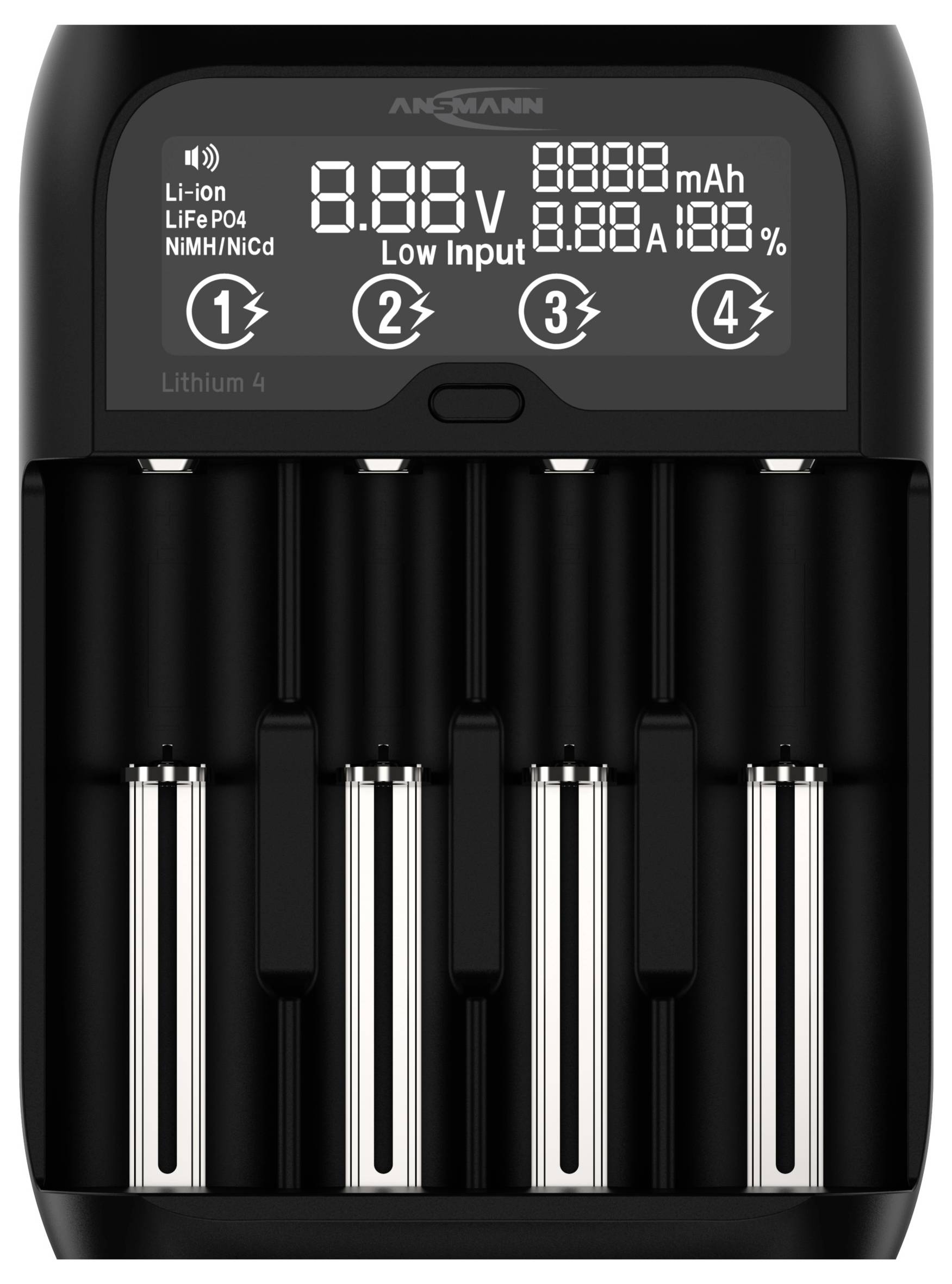 Schwarzes Ansmann Batterieladegerät mit LCD-Anzeige. Zeigt Spannung und Ladekapazität für Li-Ion, LiFePO4, NiMH und NiCd Batterien.