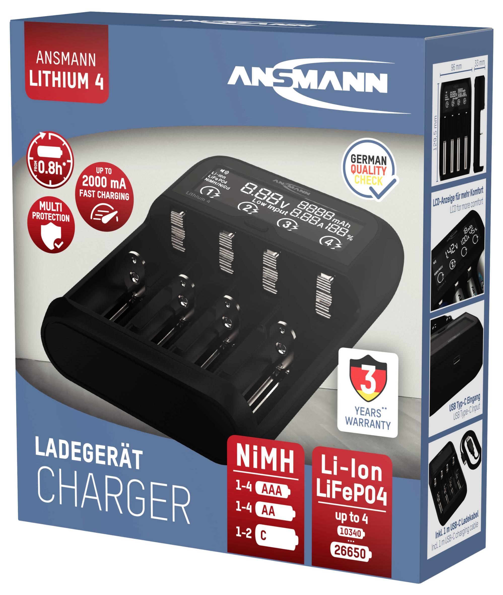 Ansmann Lithium 4 Universalladegerät mit 2x 18650 Akkuzellen (2600mAh) Ladegerät LiIon, LiFePO4, NiMH 18500, 18650, 14500, 16340
