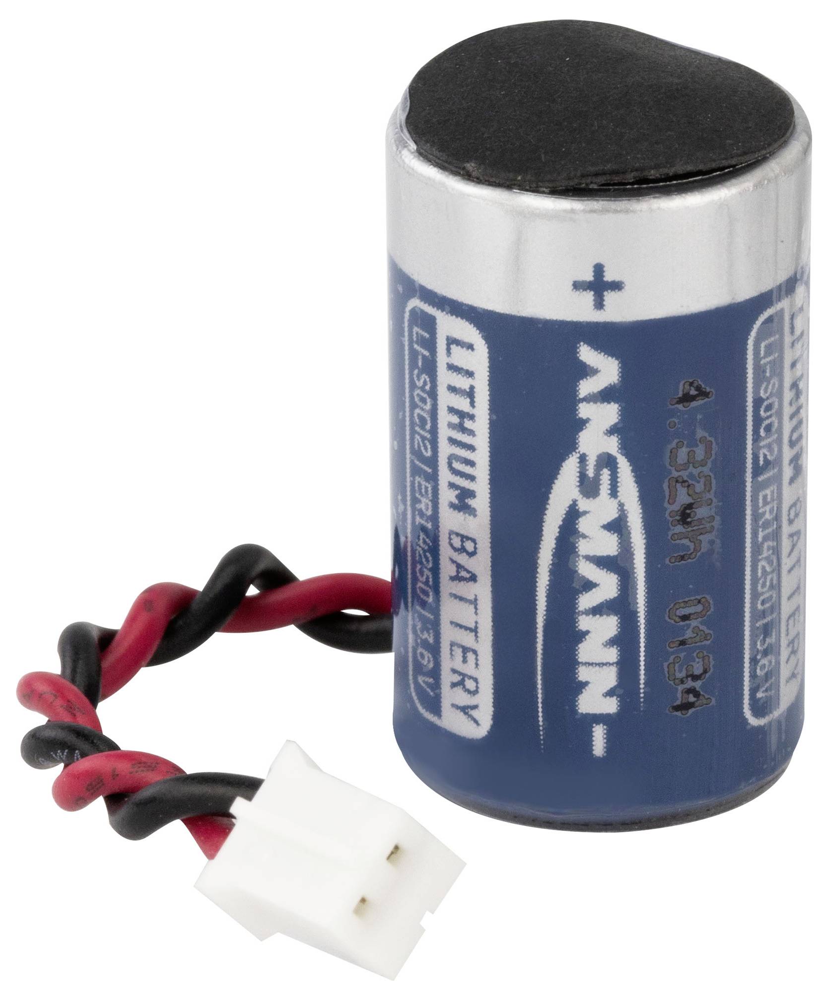 Eine blaue Lithium-Batterie mit zwei schwarzen und roten Kabeln und einem weißen Stecker, geeignet für elektronische Geräte.