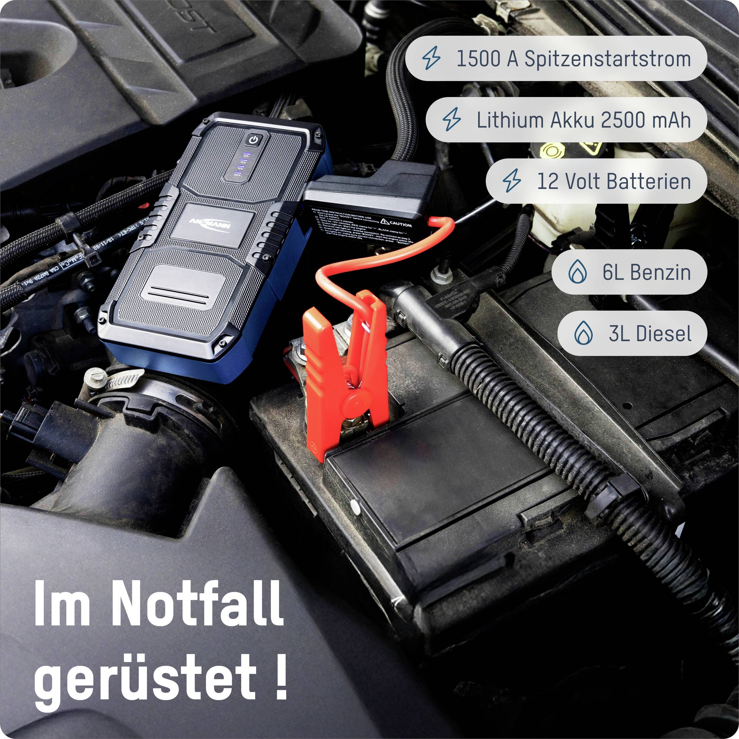 Ein tragbares Starthilfegerät ist an eine Autobatterie angeschlossen. Text: 'Im Notfall gerüstet!', mit Spezifikationen des Geräts.