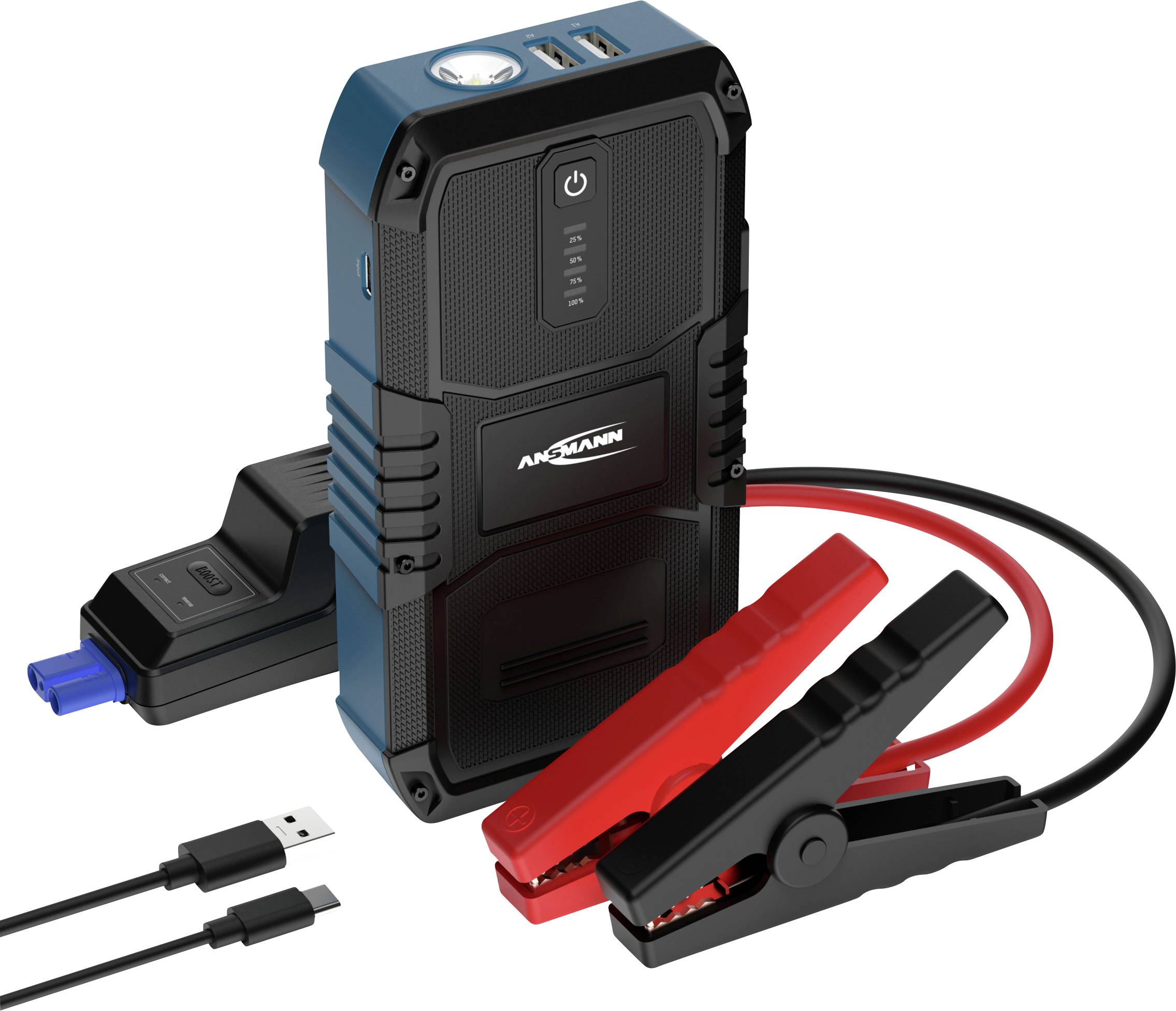 Ein tragbares Starthilfegerät mit roten und schwarzen Klemmen, USB-Anschlüssen und einer Power-Taste. Geeignet für das Starten von Batterien.