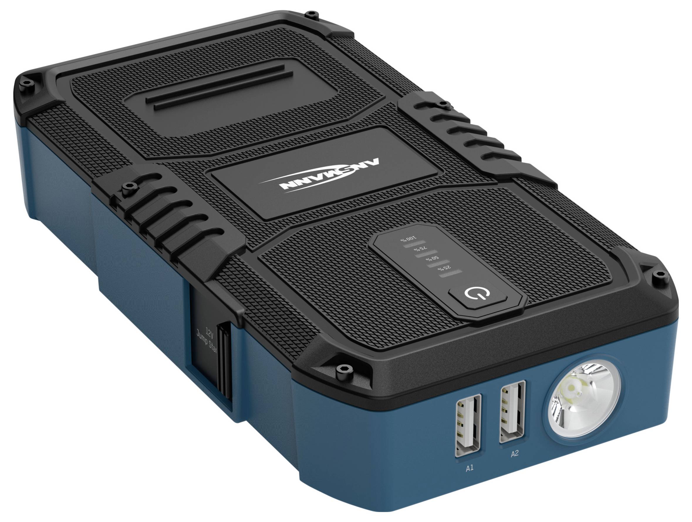 Externer Akkumulator in rechteckiger Form mit zwei USB-Anschlüssen und eingebauter Taschenlampe. Schwarzes und blaues Gehäuse.