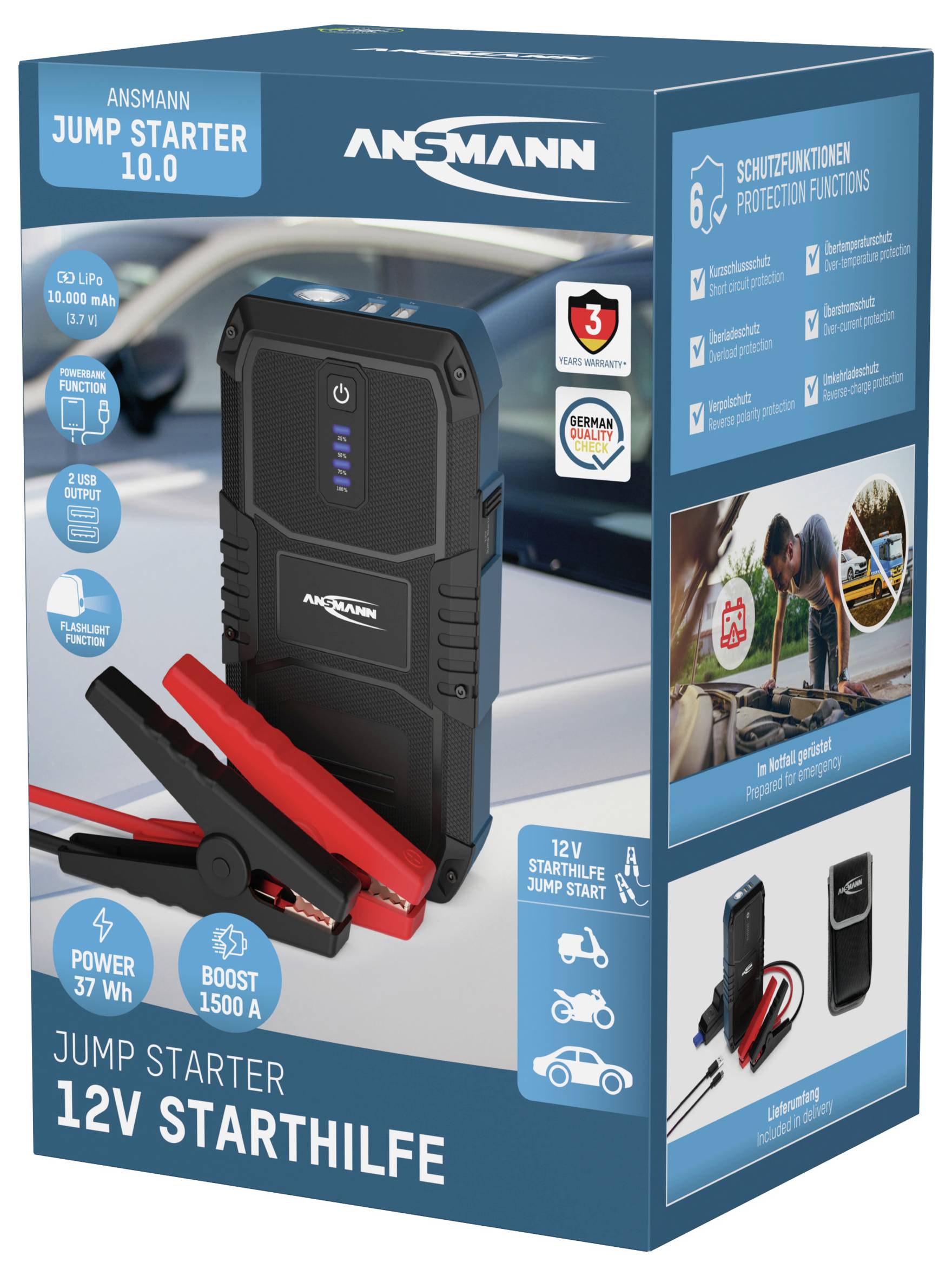 'Jump Starter 12V Starthilfe' von Ansmann auf Verpackung. Zeigt Powerbank und Starthilfekabel. Funktionen: 12V, 1500A Boost.