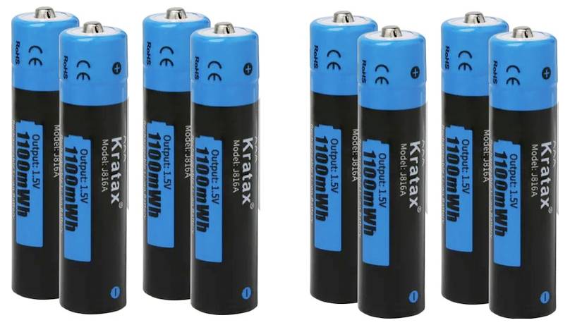 Acht wiederaufladbare Batterien, Marke Kratax, Modell 1100. Sie sind blau-schwarz, zylindrisch und für Geräte mit AA-Anschluss geeignet.