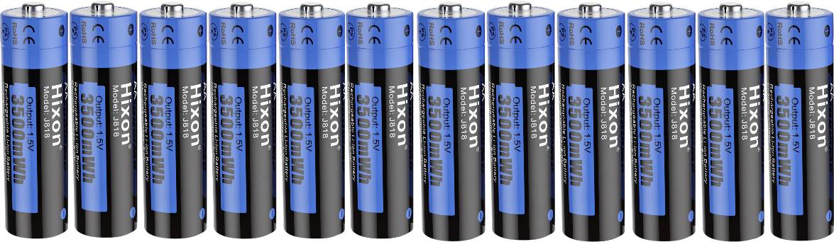 Fünfzehn nebeneinanderstehende AA-Batterien mit blauer und schwarzer Ummantelung und der Aufschrift 'Hixon'.