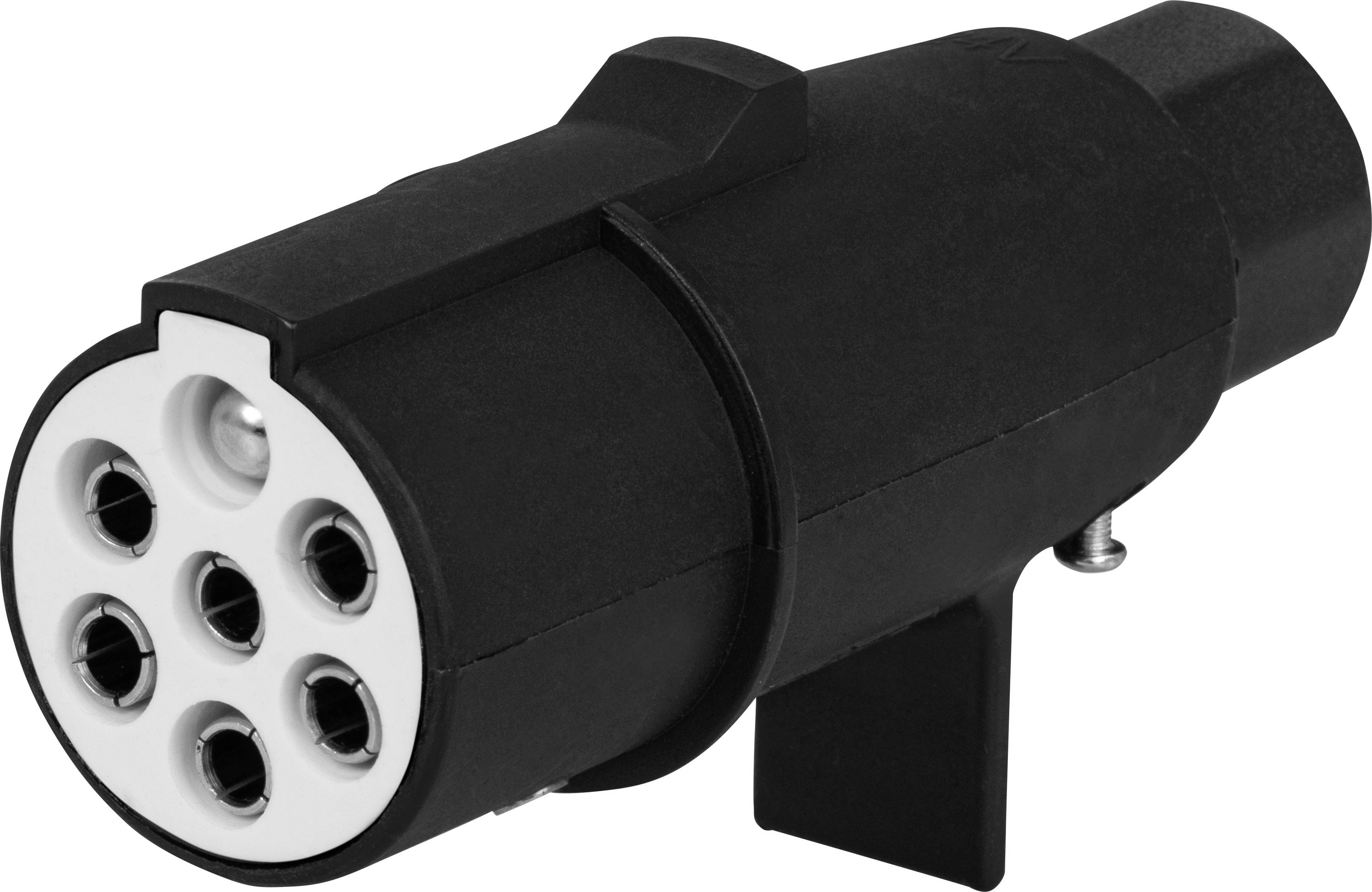 Ein schwarzer Typ-2-Stecker für Elektrofahrzeuge mit sieben metallischen Kontakten, zur Verbindung mit einer Ladestation.