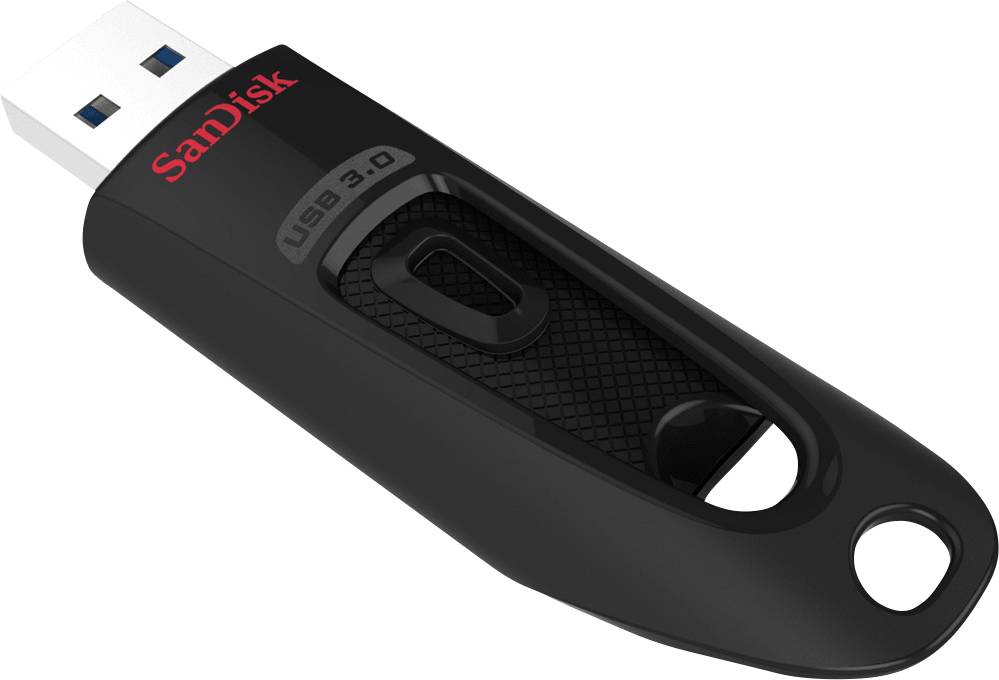 Ein schwarzer USB-Stick mit 'SanDisk' in Rot. Er nutzt die USB 3.0-Technologie für schnellere Datenübertragung.