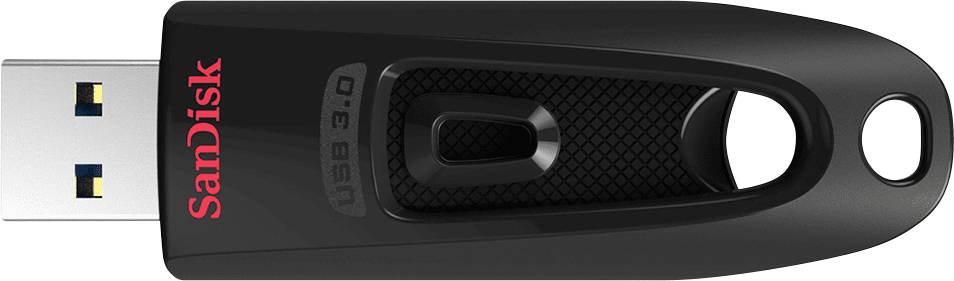 Schwarzer USB-Stick mit blauem und goldenem Anschluss, Markenname 'SanDisk' in Rot.