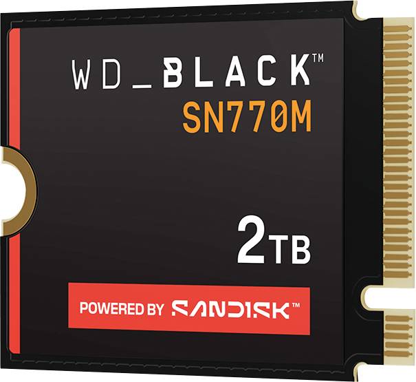 'WD_BLACK SN770M 2TB' Speicherkarte von SanDisk mit einem PCIe-Anschluss auf der rechten Seite.