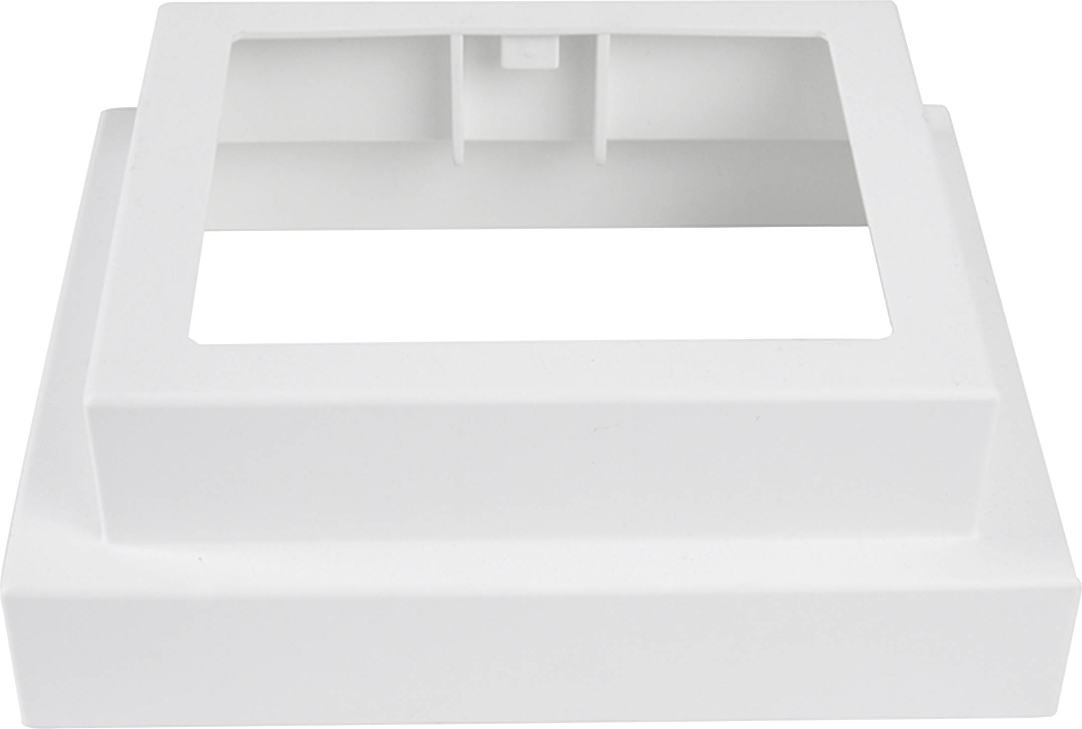 Ein weißer, rechteckiger Montagerahmen für Unterputzinstallationen mit einer großen quadratischen Öffnung in der Mitte.