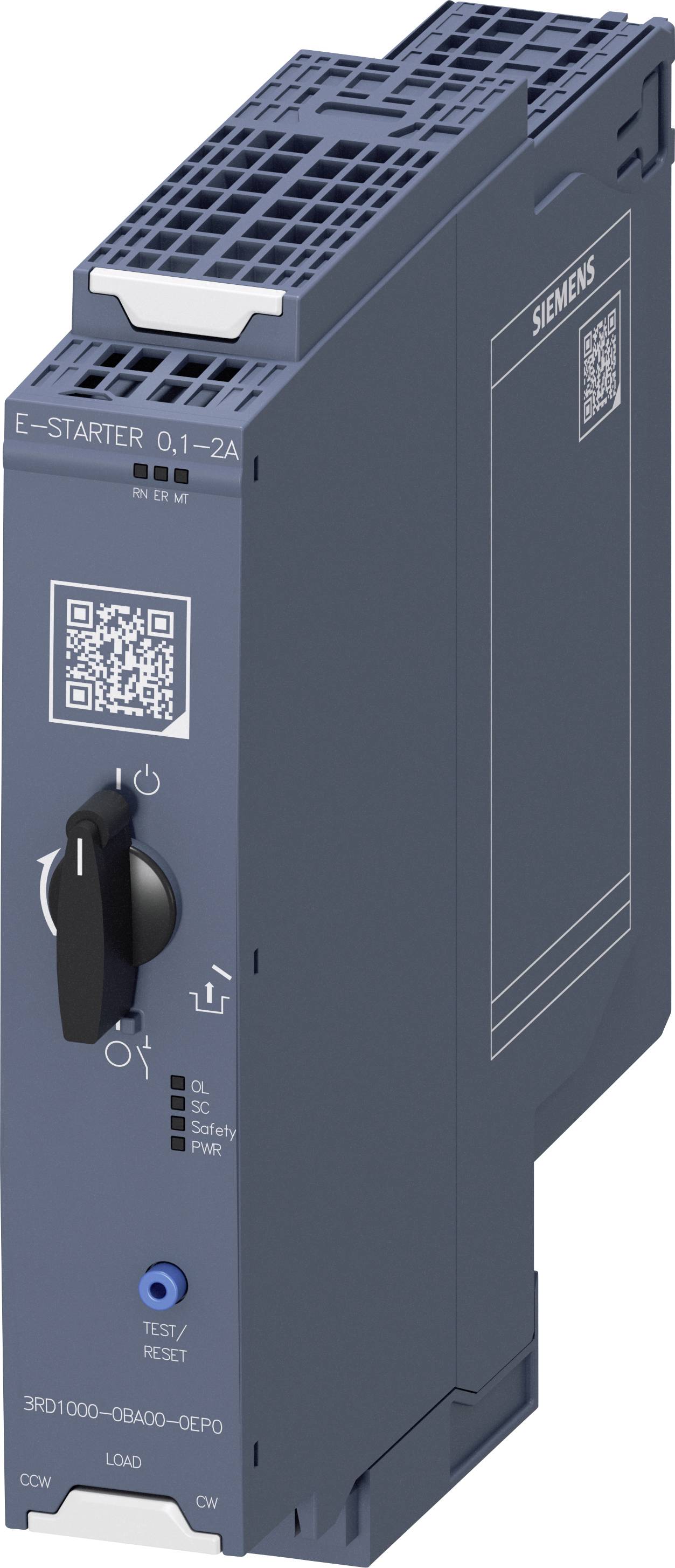 Ein elektrisches Steuergerät von Siemens mit einem Drehschalter, QR-Code und Beschriftungen zur Steuerung elektrischer Lasten.