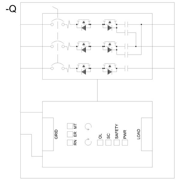 Stromkreisschaltplan zeigt Anschlussdetails. Oben: Schalter mit Dioden. Unten: Steuerkasten mit Beschriftungen 'GRID', 'LOAD', 'PWR'.