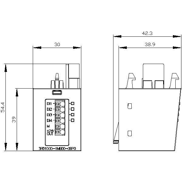 Technische Zeichnung eines elektrischen Bauteils mit Front- und Seitenansicht. Zeigt Anschlüsse und Maße in Millimetern an.