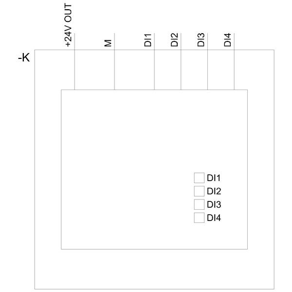 Schaltplan zeigt Verbindungen: -K, +24V OUT, M, DI1 bis DI4. Checkboxen DI1 bis DI4 unten rechts repräsentieren digitale Eingänge.